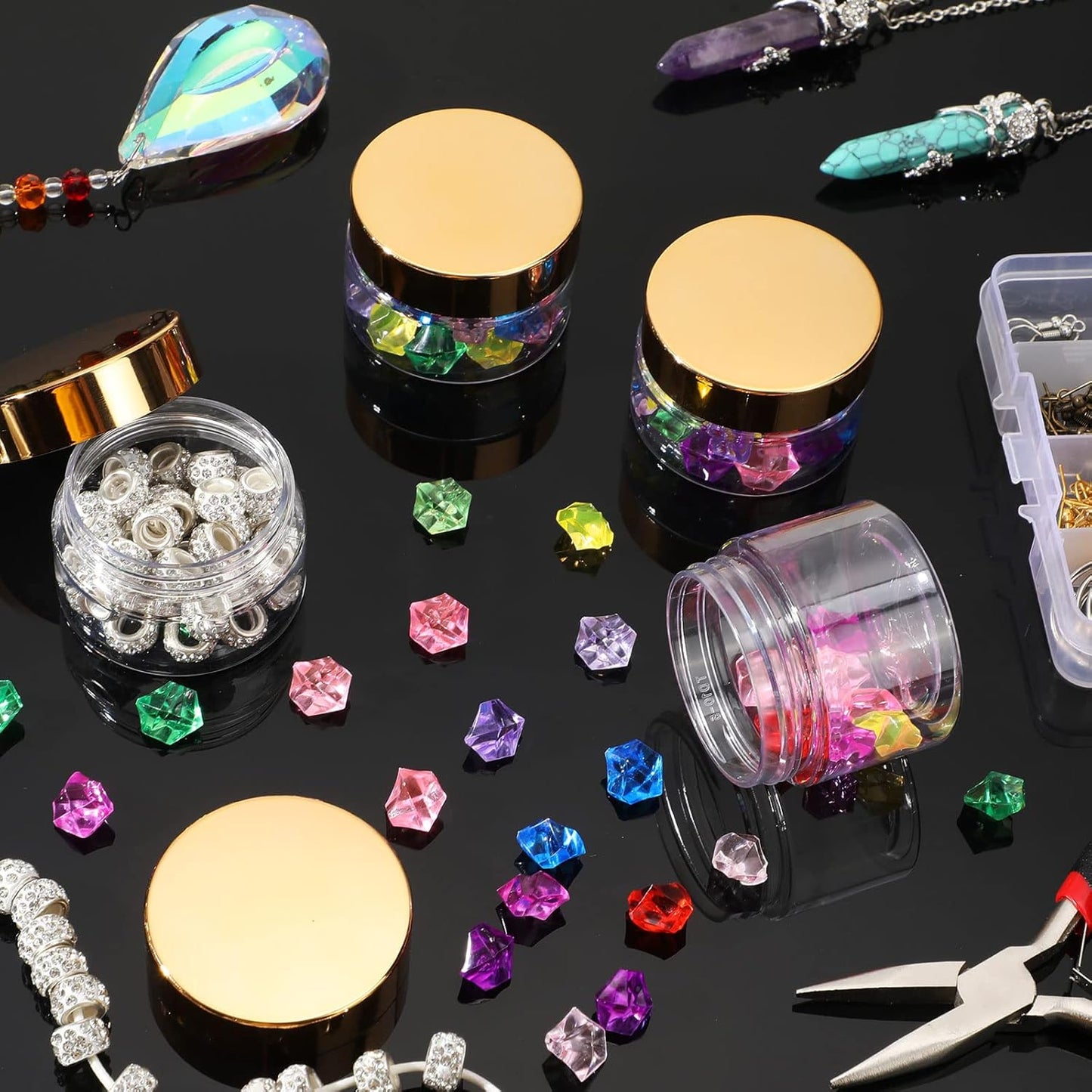 SATINIOR 12 Pack 6 oz Plastic Container Jars with Lids Round Clear Travel Cosmetic Container Slime Jars for Toiletries, Lotion, Cream, Ointments, Makeup, Rhinestone, Samples, Kitchen Storage(Gold)