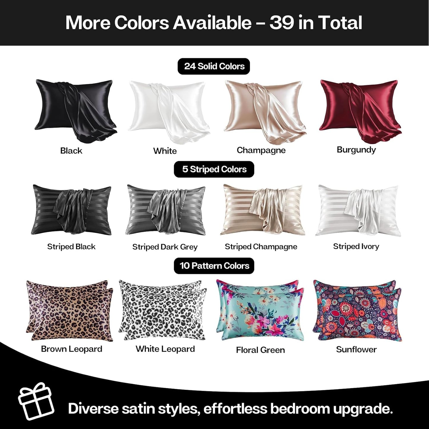 MR&HM Satin Pillowcase for Hair and Skin, Silk Satin Pillowcase 2 Pack, Queen Size Pillow Cases Set of 2, Silky Pillow Cover with Envelope Closure (20x30, Black)