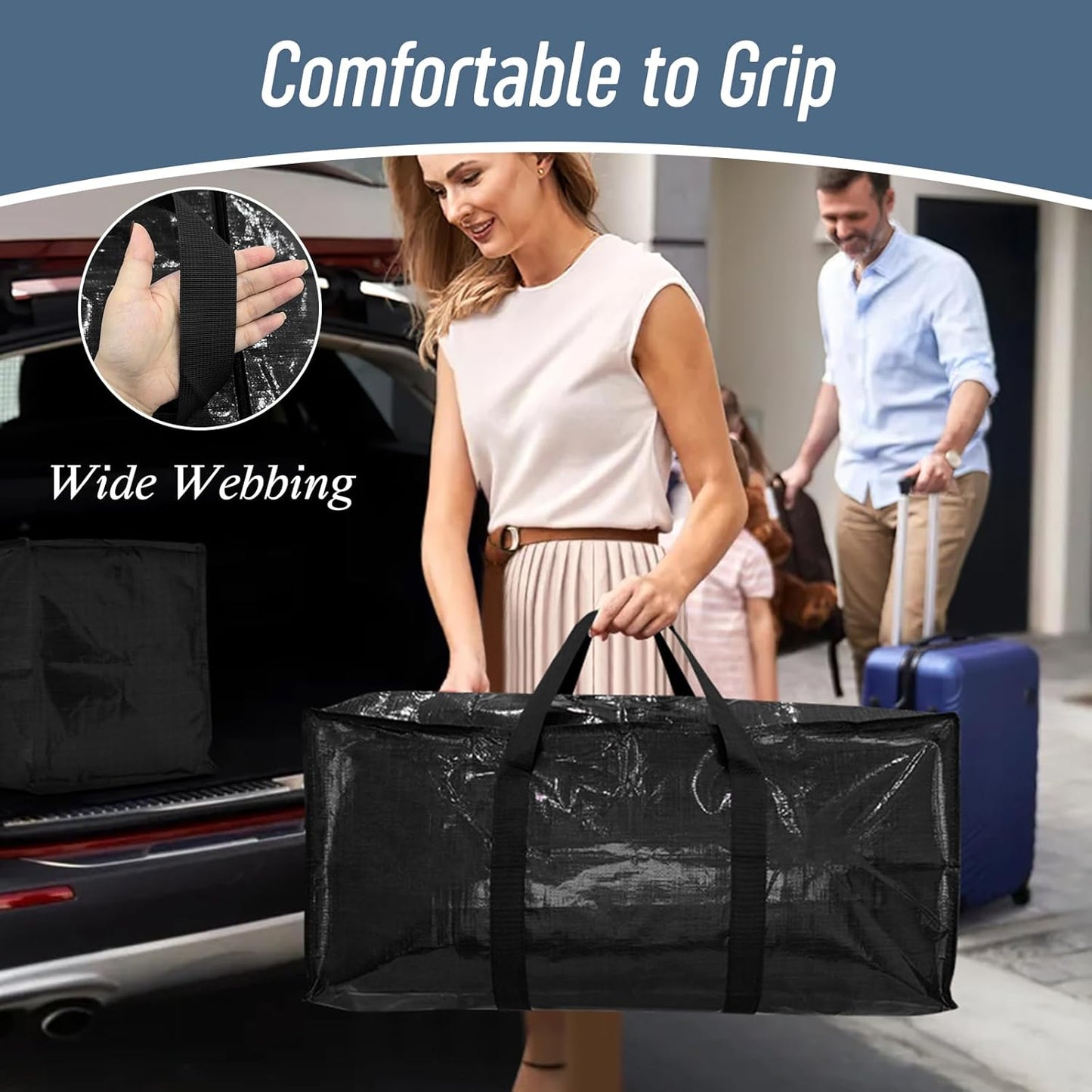 12 Pack Extra Heavy Duty Large Moving Bags with Strong Zipper & Comfortable Handles, Sturdy & Durable Clothes Storage Bags Totes Bins, Packing Moving Boxes for College Supplies, Black