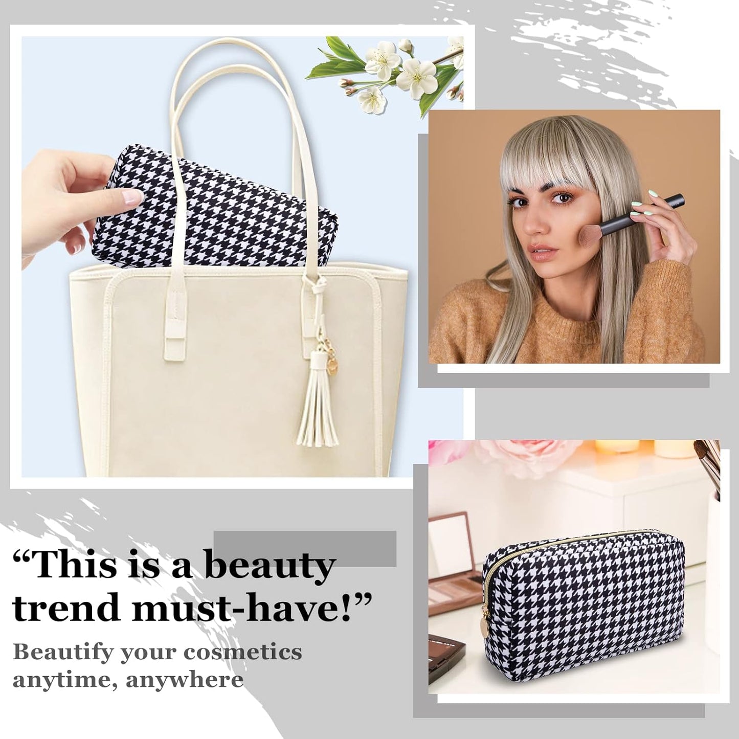 Nylon Small Makeup Bag for Purse, Cute Makeup Pouch Bag Preppy Cosmetic Zipper Pouch Purse, Portable Travel Toiletry Bag Clutch Makeup Brush Bag Organizer Storage for Ladies Girls(Black Houndstooth)