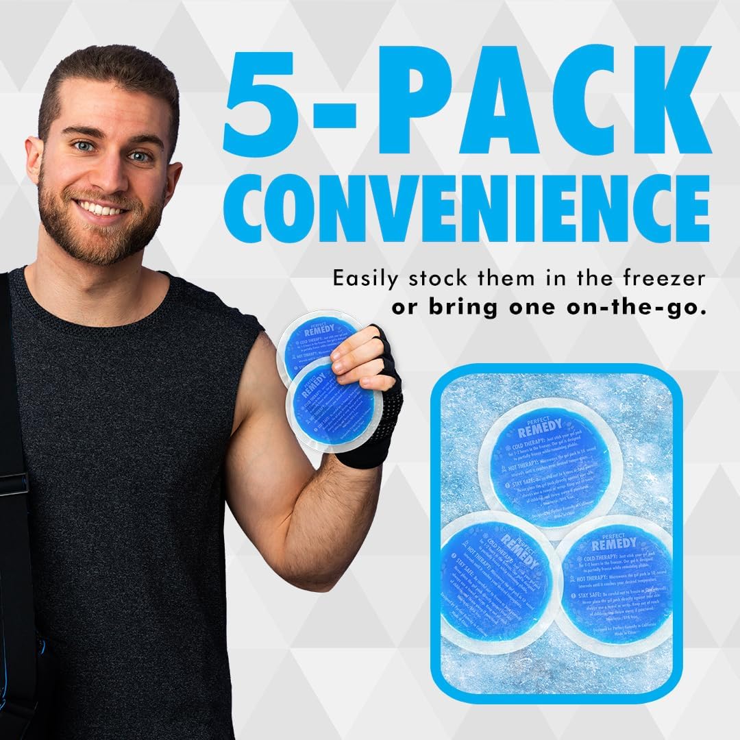 Perfect Remedy Rectangle (Blue, Regular) & Round Gel Ice Pack (5pcs) Bundle, Hot & Cold Ice Packs for Injuries Reusable for Body Tension & Muscle Pain Relief – Soft, Flexible & Adapts to Any Area