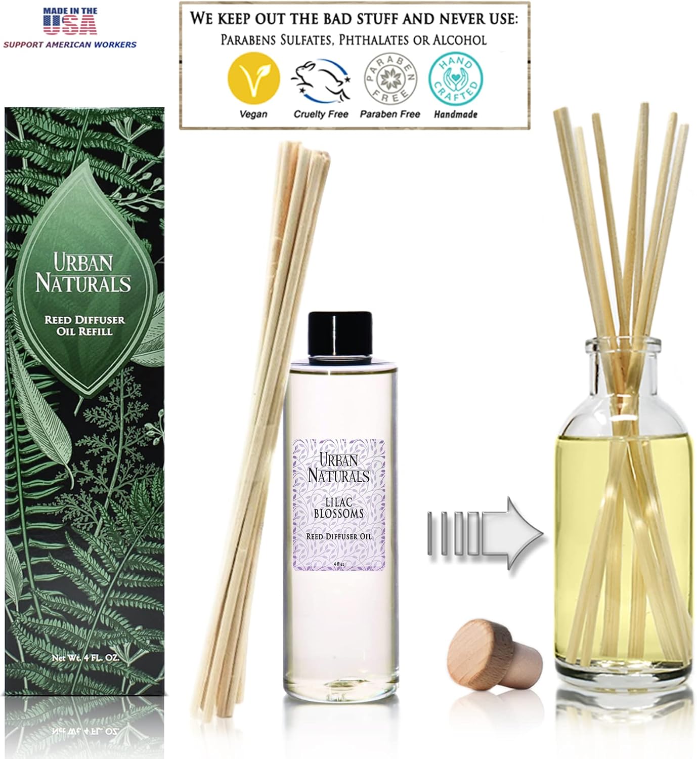 Urban Naturals Reed Diffuser Oil Refill, Lilac Blossoms Oil for Diffuser with Lilac, Violets, Lily of The Valley, 4 oz + Free Reed Sticks, Made in The USA