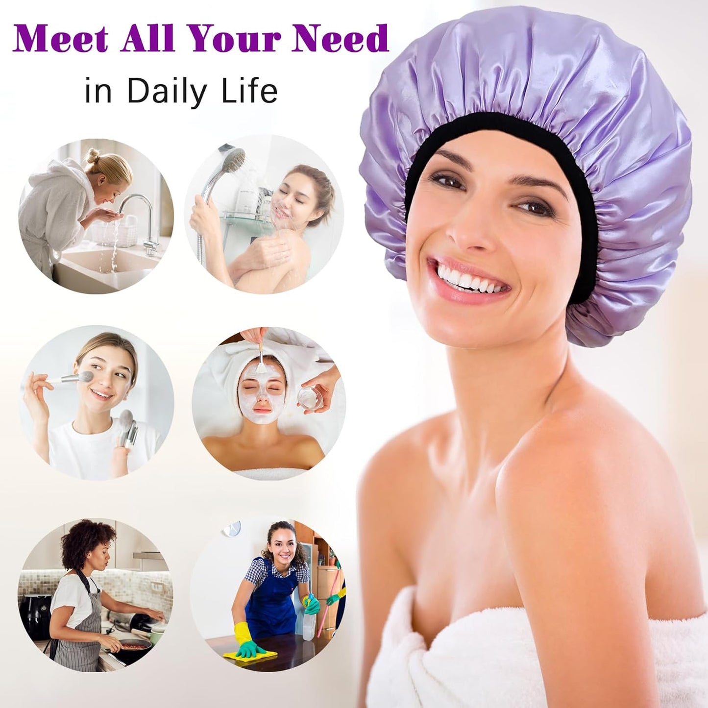Shower Cap Reusable Waterproof, Terry Lined Shower Caps for Women, Triple Layer Hair Cap for Shower, Large Plastic Shower Cap for Braids Long Hair