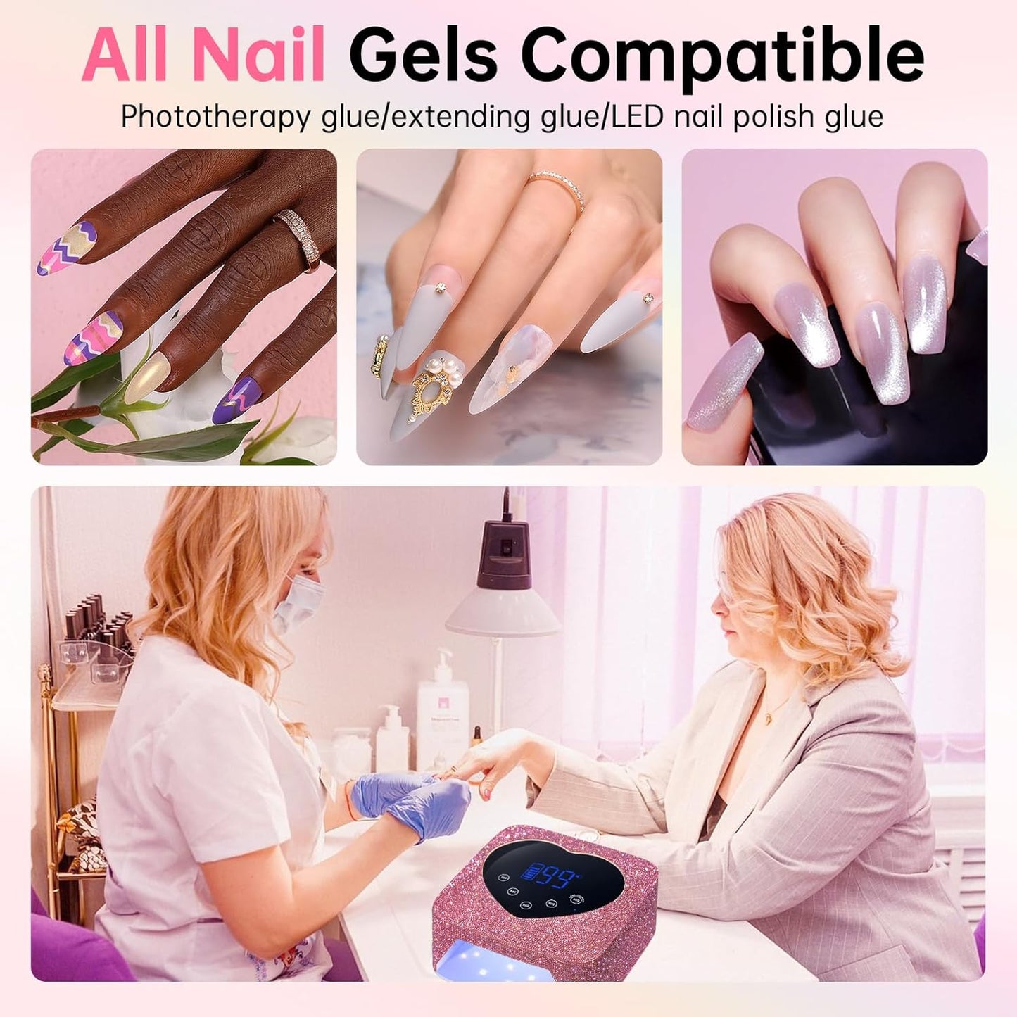 UV LED Nail Lamp 72W Rechargeable Sparkly Wireless Nail Dryer Gel Polish Light with 5 Timer Setting Professional Quick Dry Curing Lamp Pink with Display Auto Sensor for Salon & Home