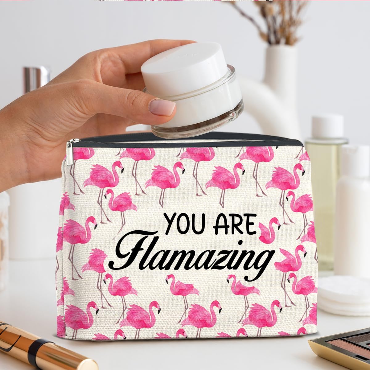 Pink Flamingo Makeup Bag Gifts for Women Flamingo Lover Besties Positive You Are Flamazing Cosmetic Bag Zipper Pouch