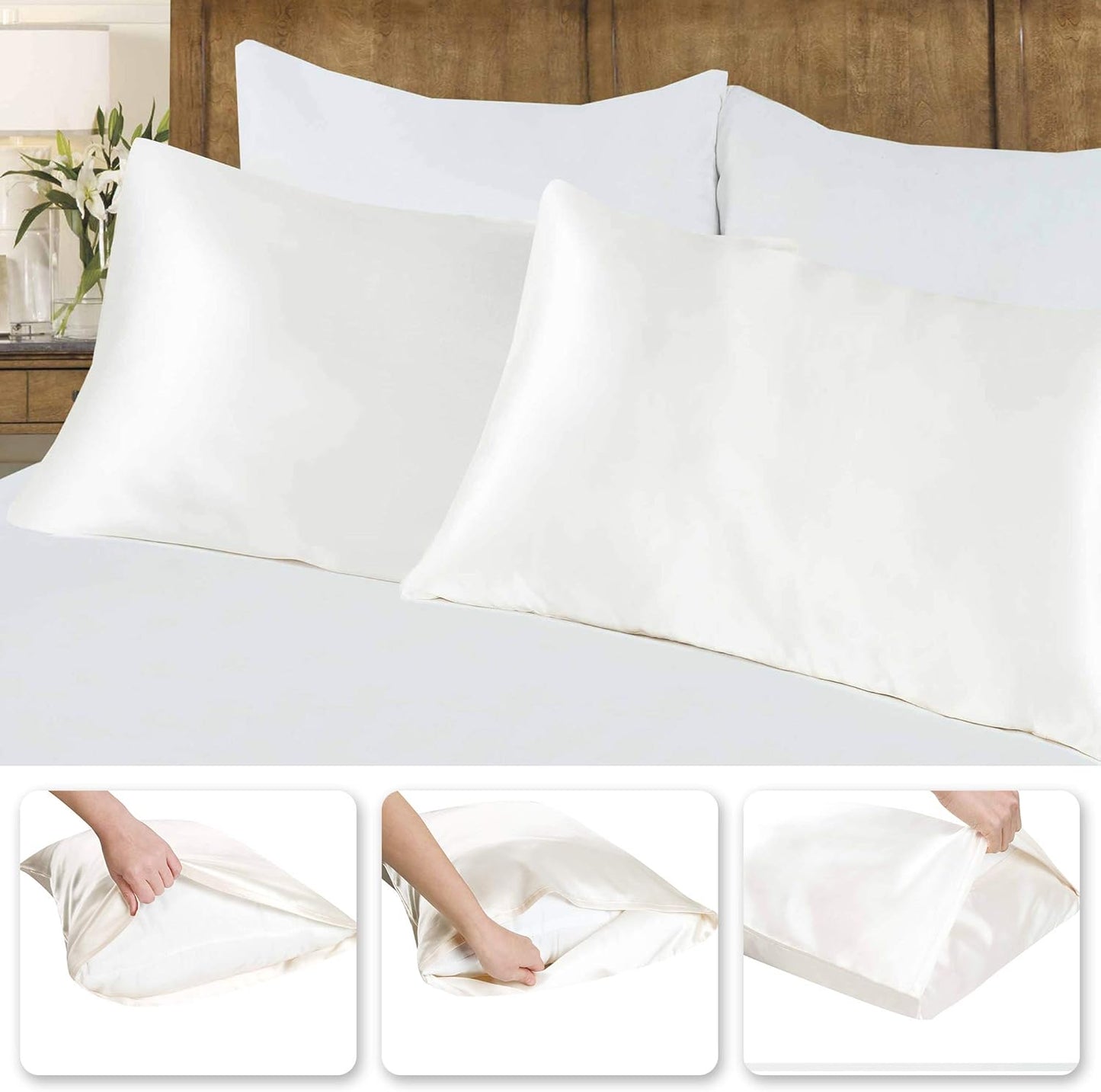 Tyfitb Satin Pillowcase for Hair and Skin, Beige Pillowcases Set of 2, Cooling Pillow Cases Queen Size(20×30 Inches), Soft Luxury Satin Pillowcase with Envelope Closure