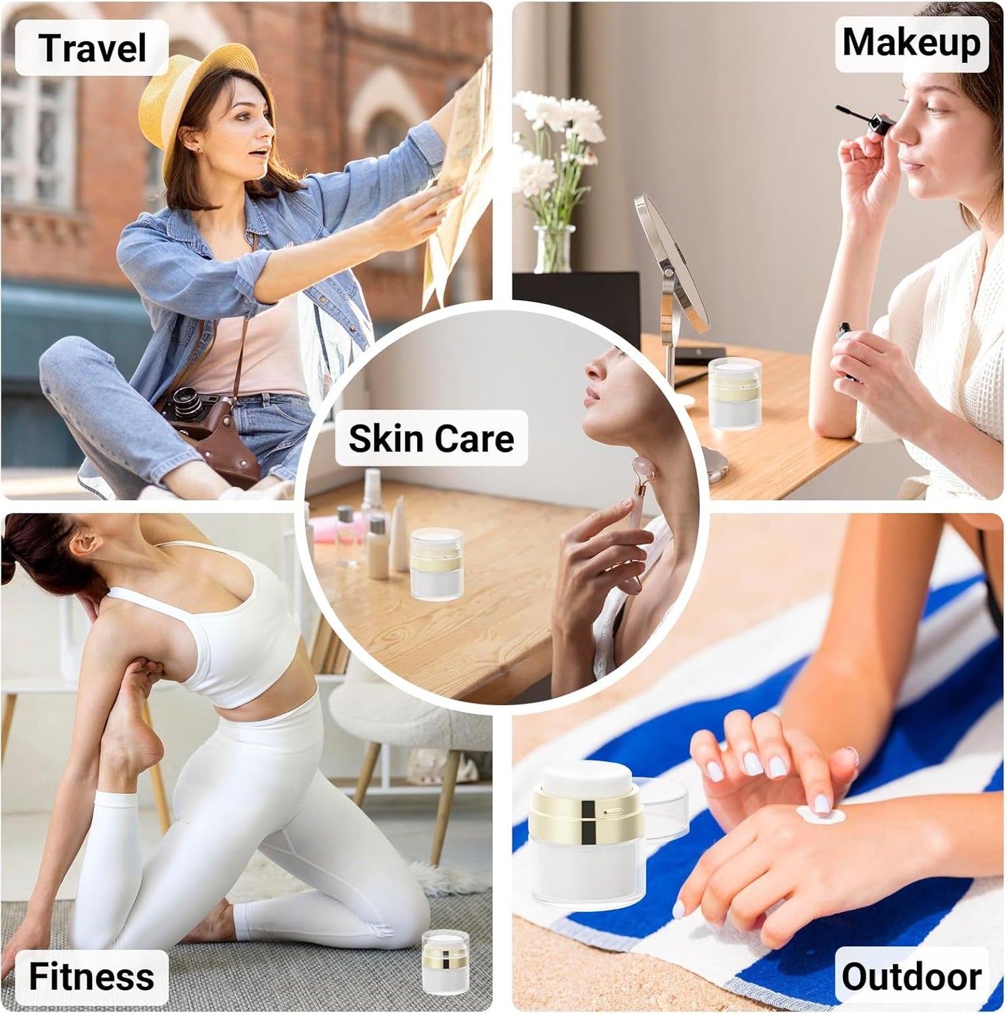 Segbeauty 0.5oz Small Travel Containers for Creams, Pack of 4 Airless Pump Jars 15ml Refillable Gold Travel Bottles Empty Lotion Container, Glass Jars for Toiletries Moisturizer Container