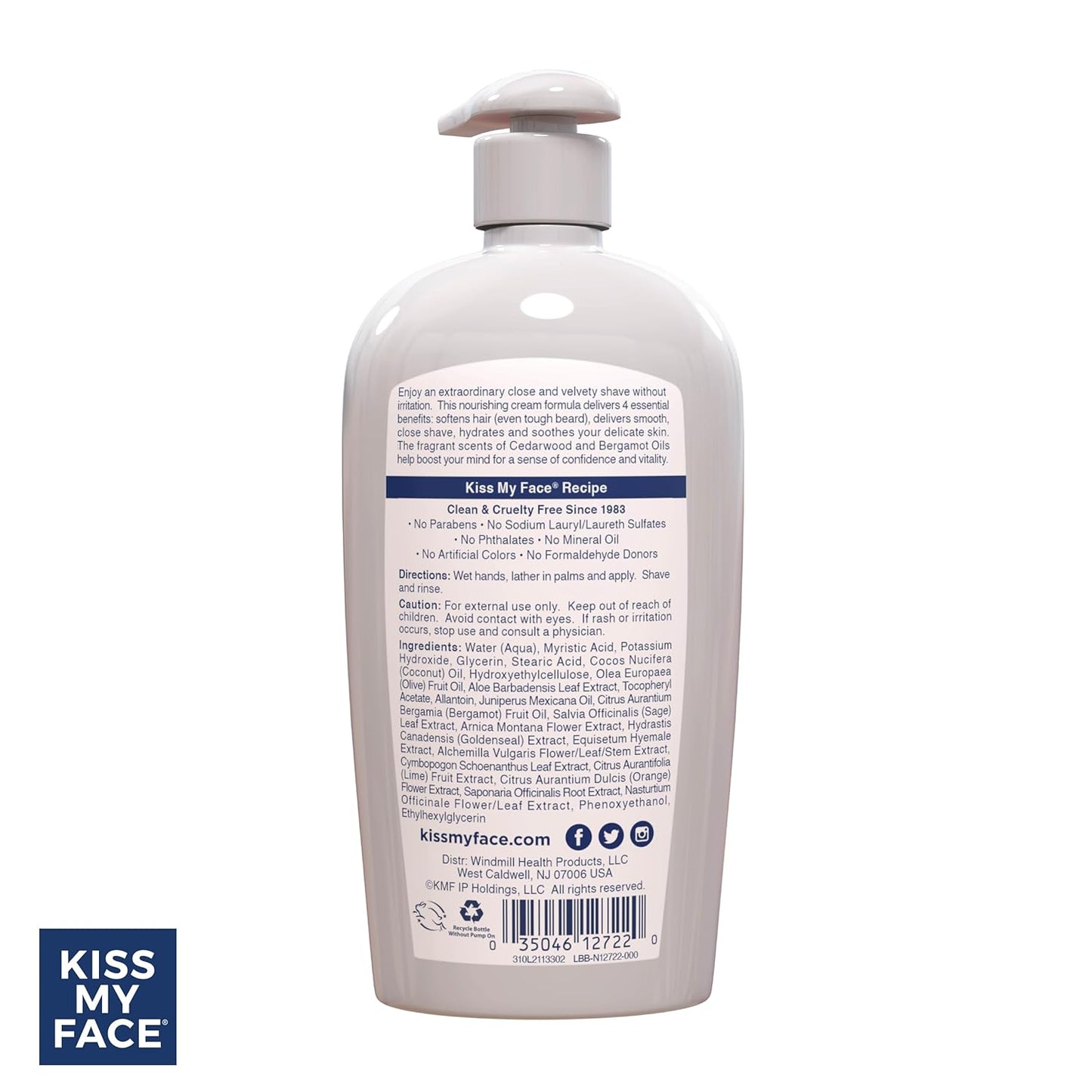 Kiss My Face Cedarwood + Bergamot Moisture Shave - 4 In 1 Shaving Cream - Cruelty Free and Vegan - With added Olive Oil and Aloe Leaf Extract - Vitamin E Rich