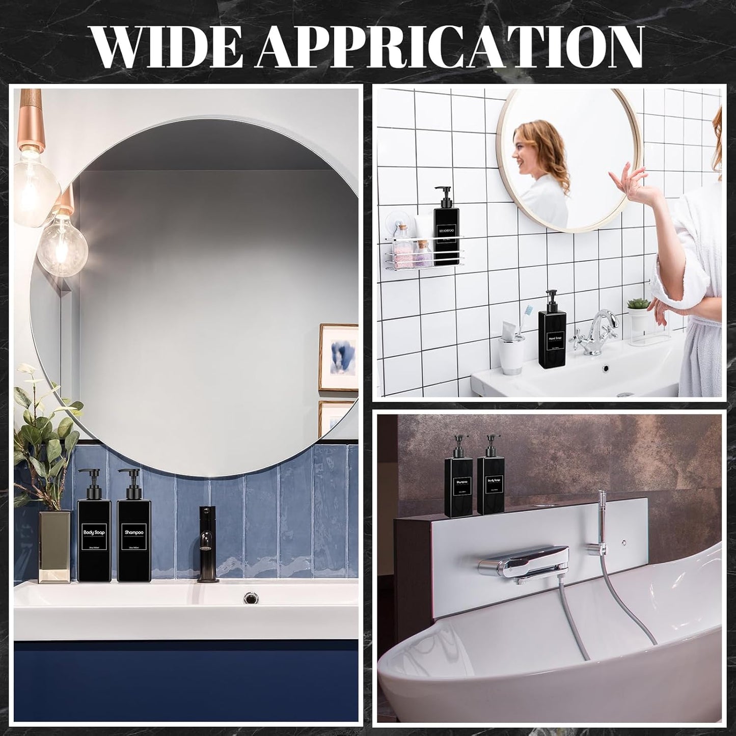 Tanlade 6 Pcs Shampoo and Conditioner Dispenser Bottles 16oz Modern Shower Soap Bottles with Pump, Labels and Marker Pen Easy to Refill Body Wash Dispensers for Home Bathroom Decoration (Black)