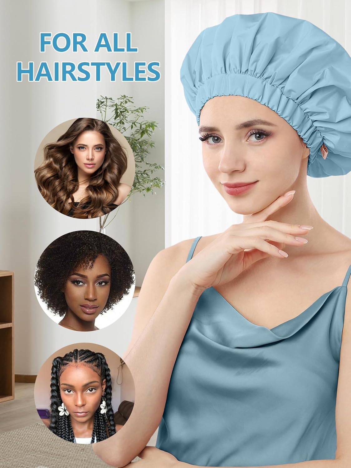 Years calm Reusable Waterproof Shower Caps for Women, Hair Caps for Showers, Double-Layer Elastic Design, for All Hairstyles, Travel-Friendly (Sky Blue)