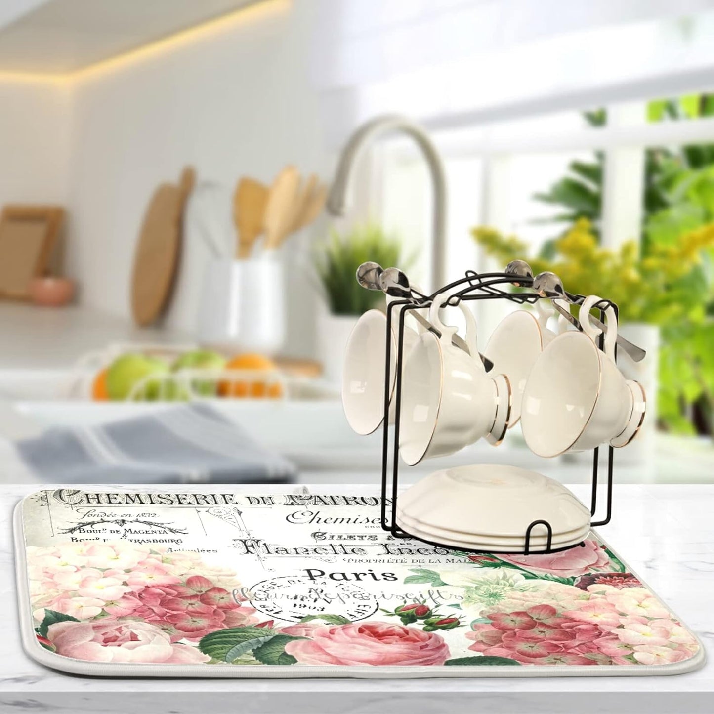 Vintage Pink Rose Flower Dish Drying Mats for Kitchen 18x24 inch Drying Mat Absorbent Microfiber Dish Mat Drainer Rack Mats Fast Dry for Kitchen Counter