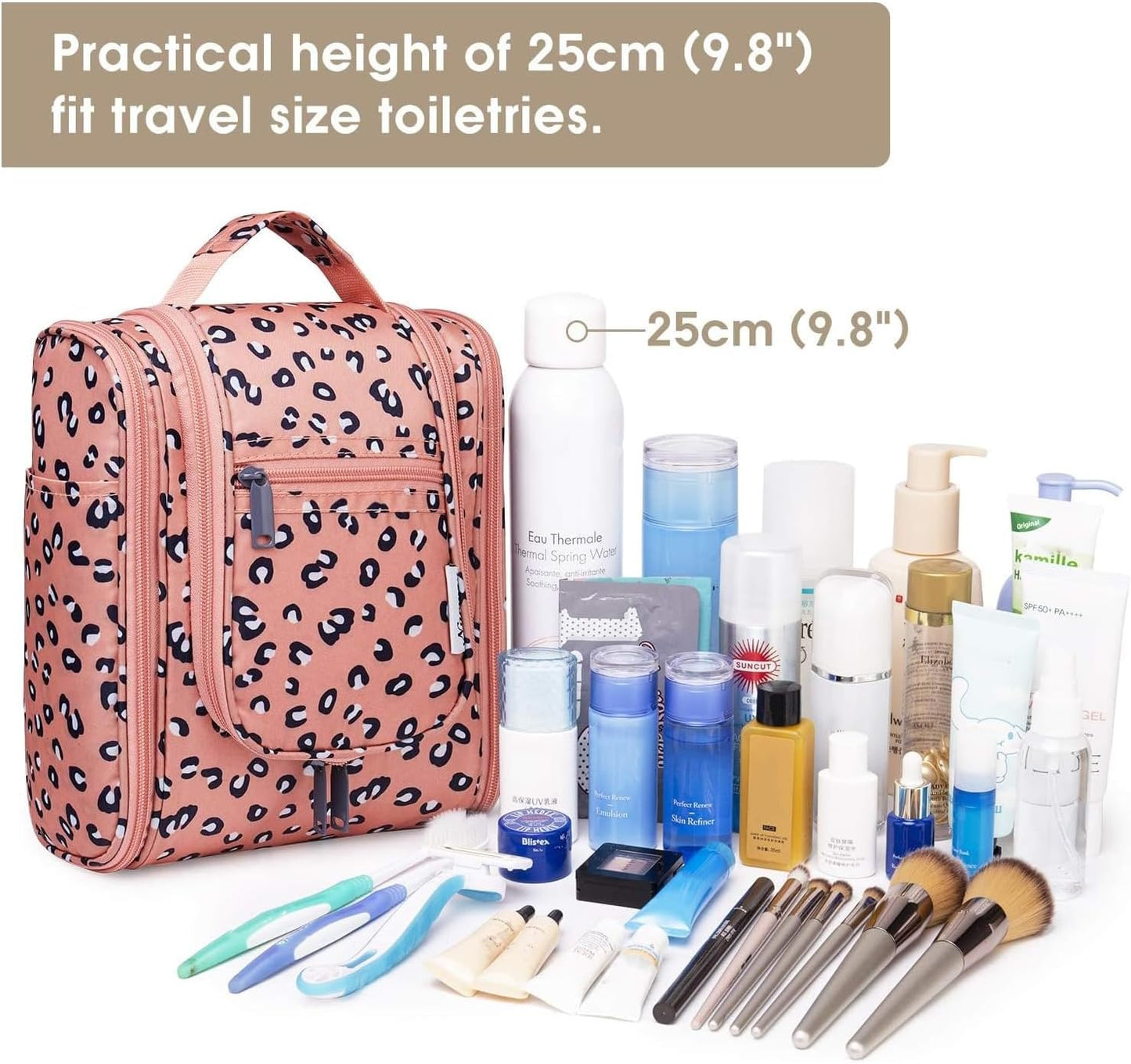 Narwey Cheetah Small Hanging Toiletry Bag Women Travel Makeup Bag Organizer Toiletries Bag for Travel Size Essentials Accessories Cosmetics (Medium, Orange Leopard)