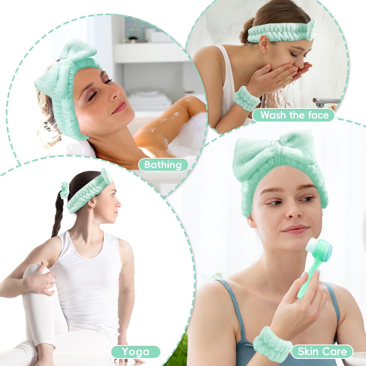 Facial Cleansing Brush, Spa Headband for Washing Face, Skincare Headband and Wristband Set, 2-in-1 Skin Care face Brush, Come with a Hair Scrunchie, for Massaging Makeup Skincare-Blue