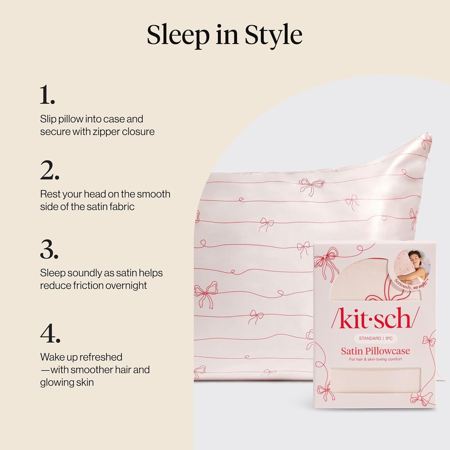 Kitsch Satin Pillowcase, Softer Than Silk Pillow Cases Queen, Cooling Pillow Covers, Satin Pillowcase w/Zipper for Hair, Skin & Quality Sleep, Wrinkle-Free & Smooth, Queen Size 19"x26" Striped Bows