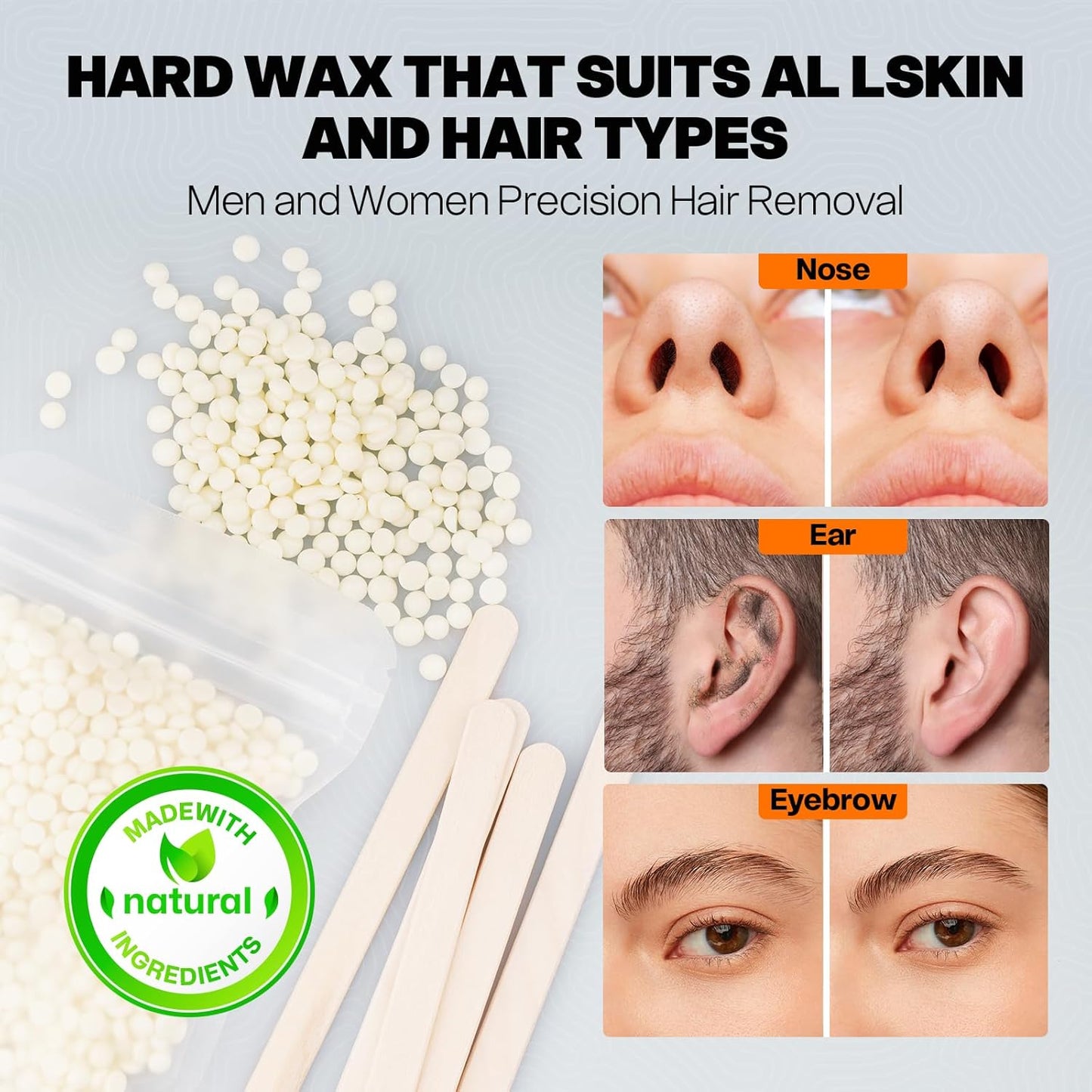 Nose Wax Kit for Men and Women | Ear Hair Removal Wax Kit & Eyebrow Waxing Kit | Prep & Aftercare Wipes | Ear Hair Remover for Men | At Home Waxing Kit | 99pc Accessories | No Microwave Needed