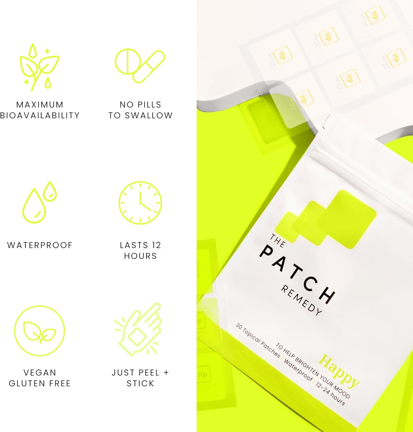 Happy Patch | 5-HTP, L-Theanine, Rhodiola, Inositol, B6, Vitamin D3 | 30 Patches