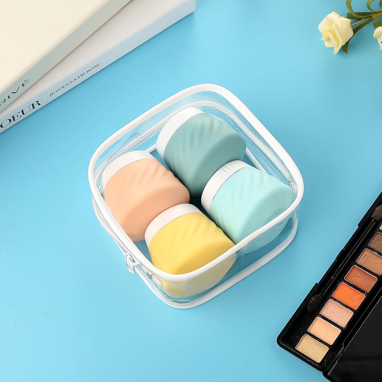 Gemice Travel Containers for Toiletries, Silicone Cream Jars TSA Approved Travel Size Containers with Toiletry Bag, Wide Mouth Leak-proof Travel Accessories with Lid for Cosmetic Cream (4 Pack)