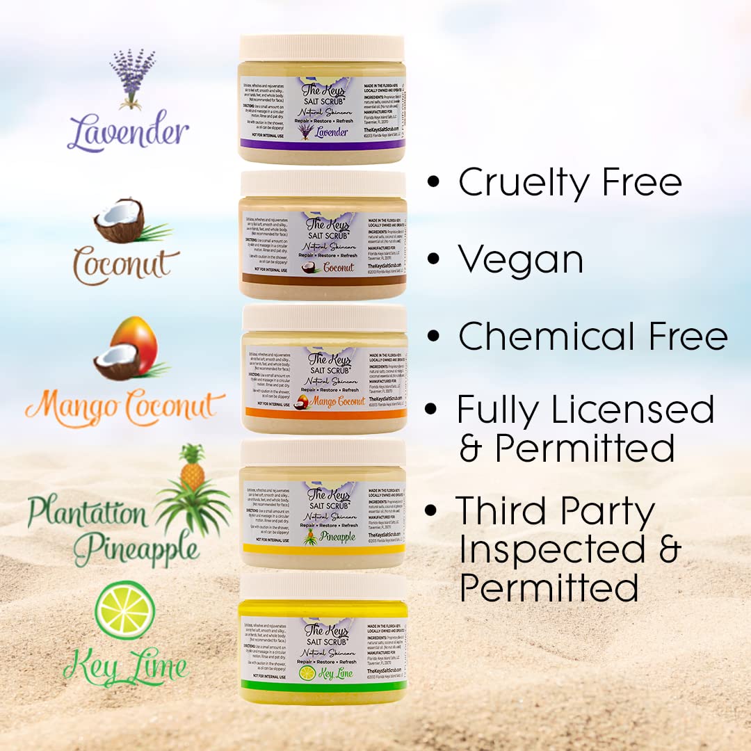 The Keys Salt Scrub -Sea Salt Scrub - Exfoliating Body Scrub with Wooden Spoon - Moisturizing Exfoliator for Hands, Foot, Bath, (12 Ounce (Pack of 3), Coconut)