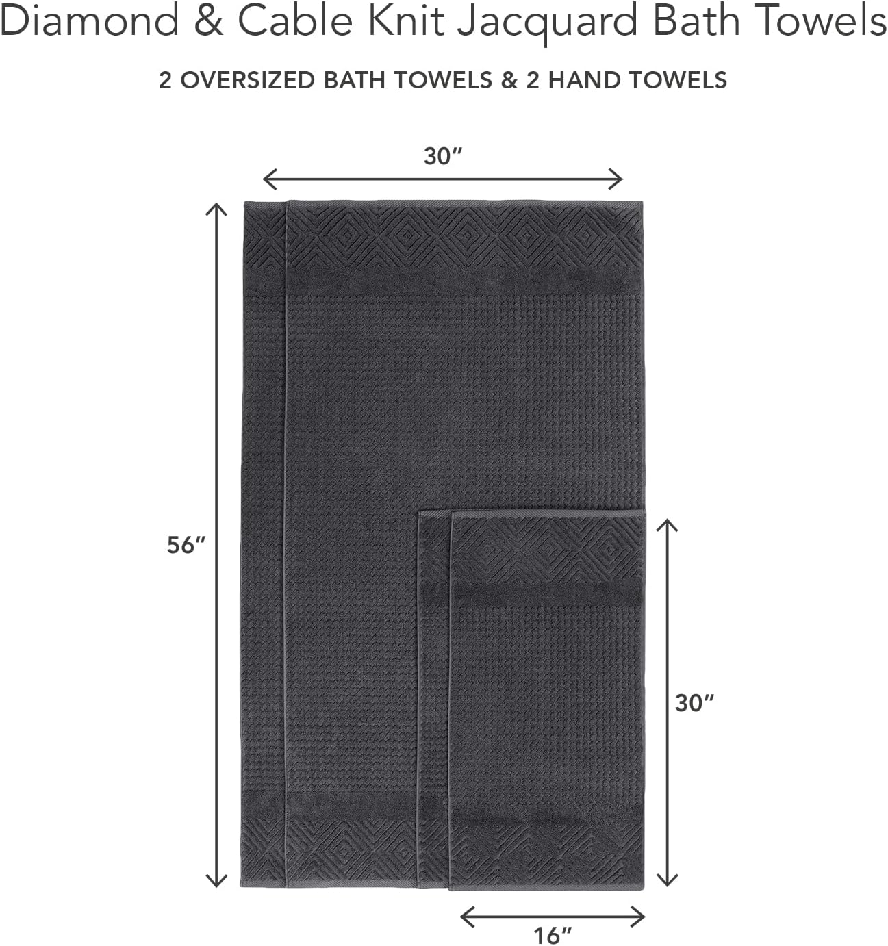Texere 100% Organic Cotton Diamond Jacquard 700 GSM Luxury Bath Towel Sets - Ultra Soft and Absorbent Hotel and Spa Quality (Diamond, Black, 2 Bath & 2 Hand Towels)