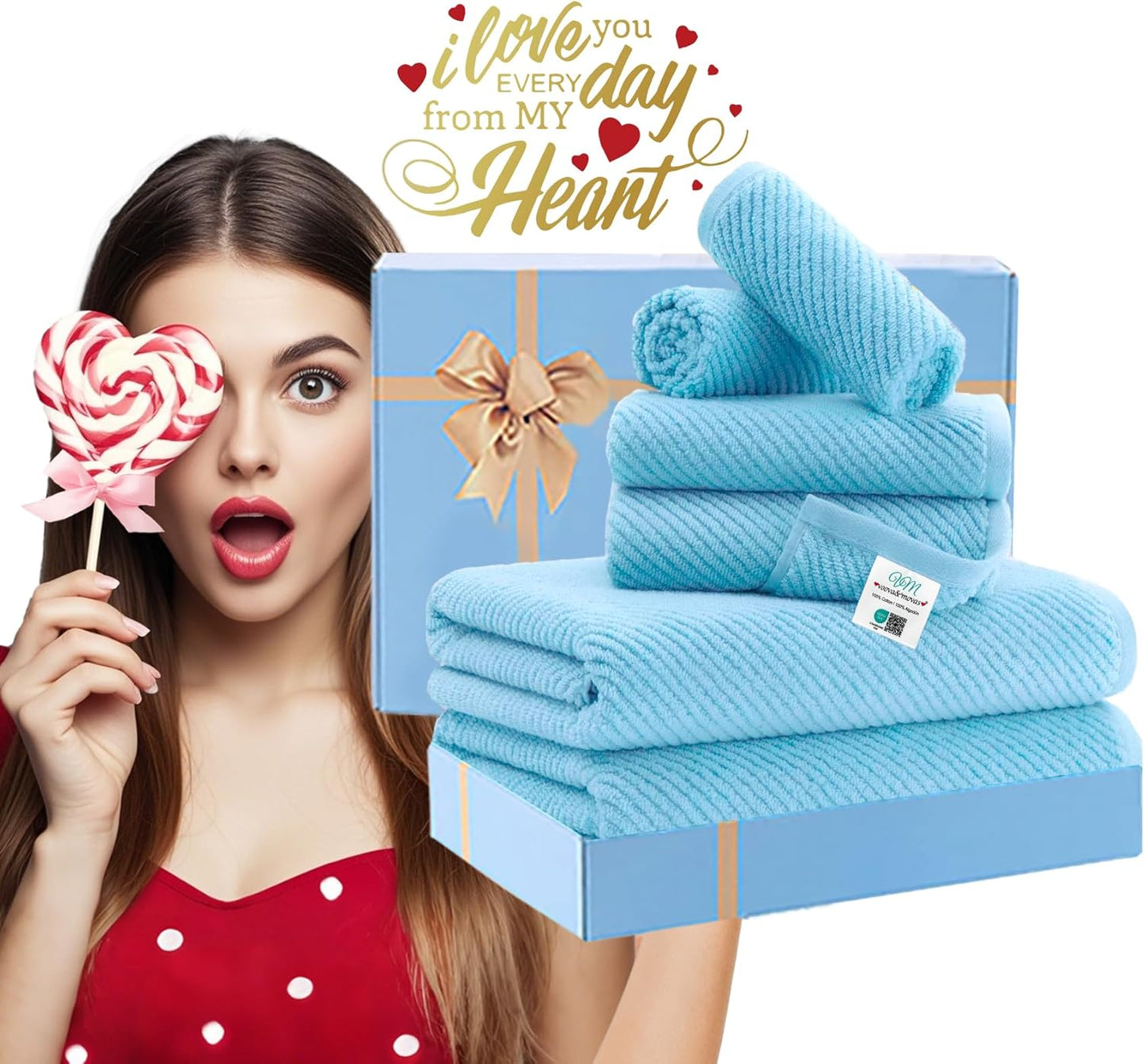 Towels for Bathroom - 100% Cotton | Quick Dry | Lightweight | Thick | Soft, Towel Set of 6, 2 Large Bath 30"x56", 2 Hand 18"x28", 2 Wash Cloths 13"x13", Luxury Towel Gift Set, Blue Towels Bathroom Set