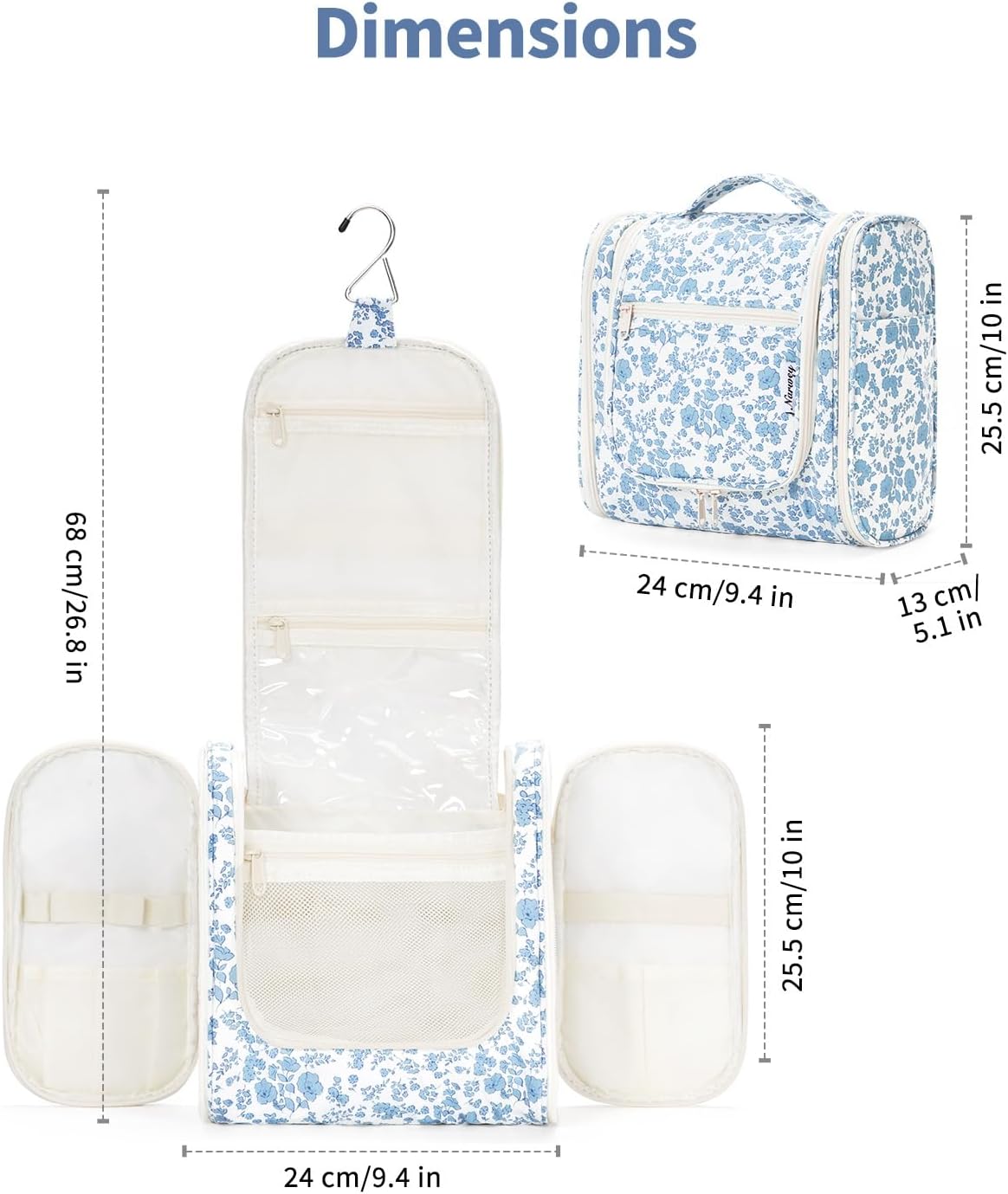 Narwey Hanging Toiletry Bag for Women Travel Makeup Bag Organizer Toiletries Bag for Cosmetics Essentials Accessories (Large, Little Blue Flower)