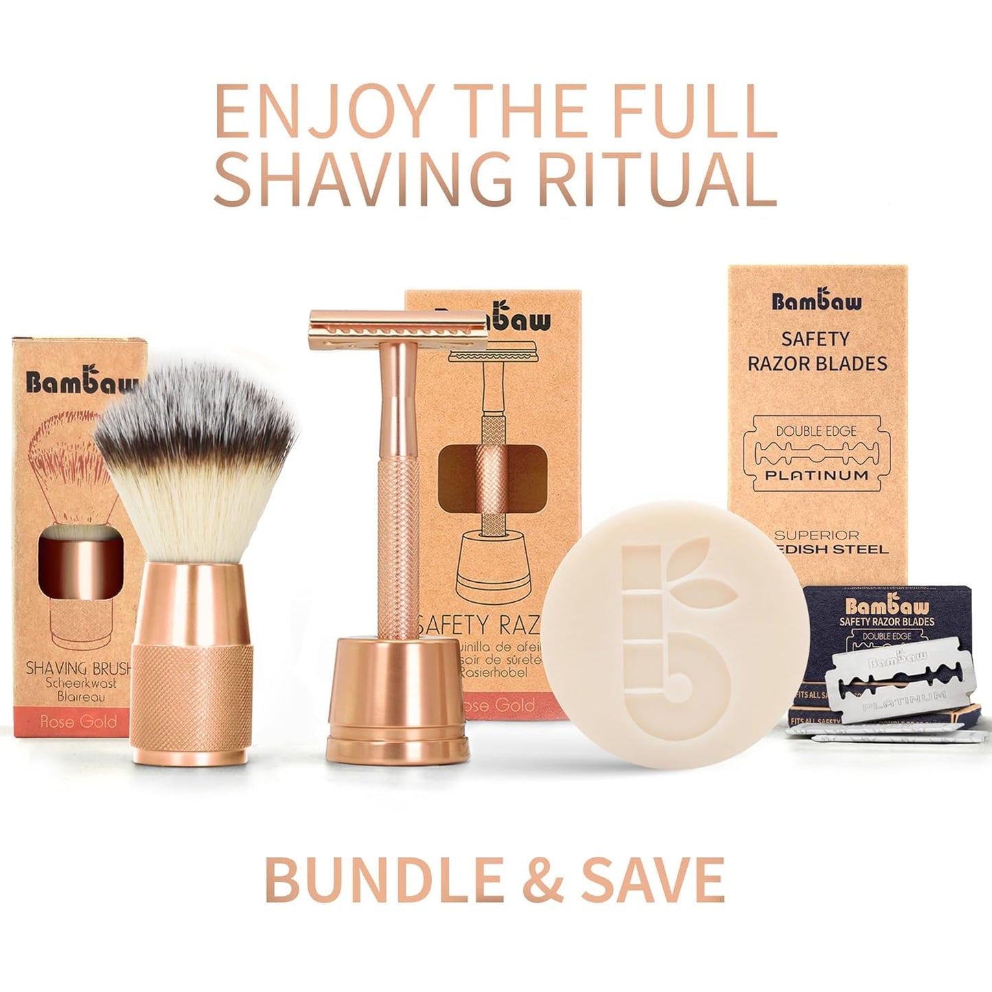 Bambaw Double Edge Safety Razor with Stand, Women Razor with 5 Double Edge Safety Razor Blades, Plastic Free Metal Razor – Rose Gold