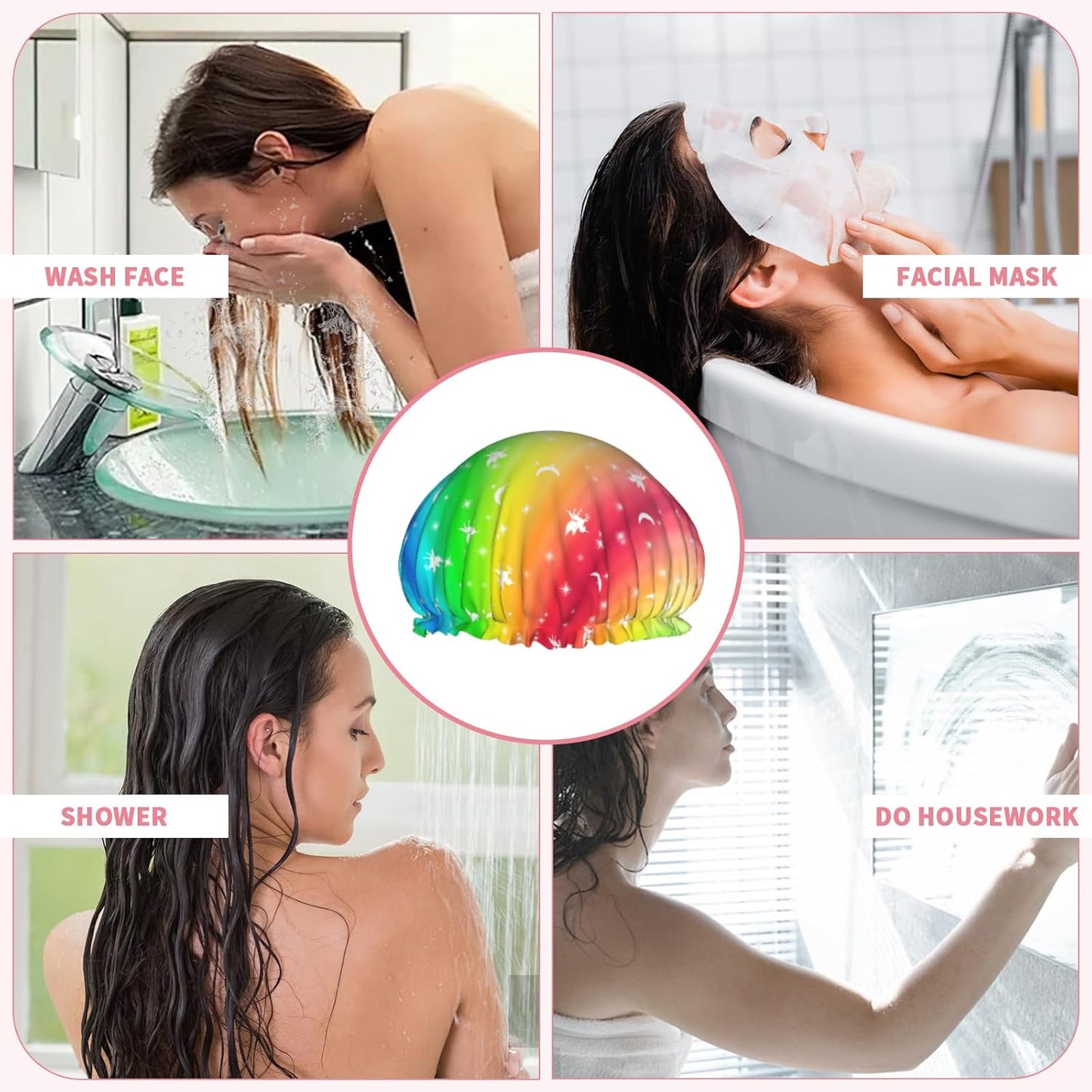 Rainbow Shower Caps Colorful Dual-Layer Waterproof Bath Hat Reusable Hair Caps Elastic Hair Hat for Shower Cooking Clean Makeup Travel
