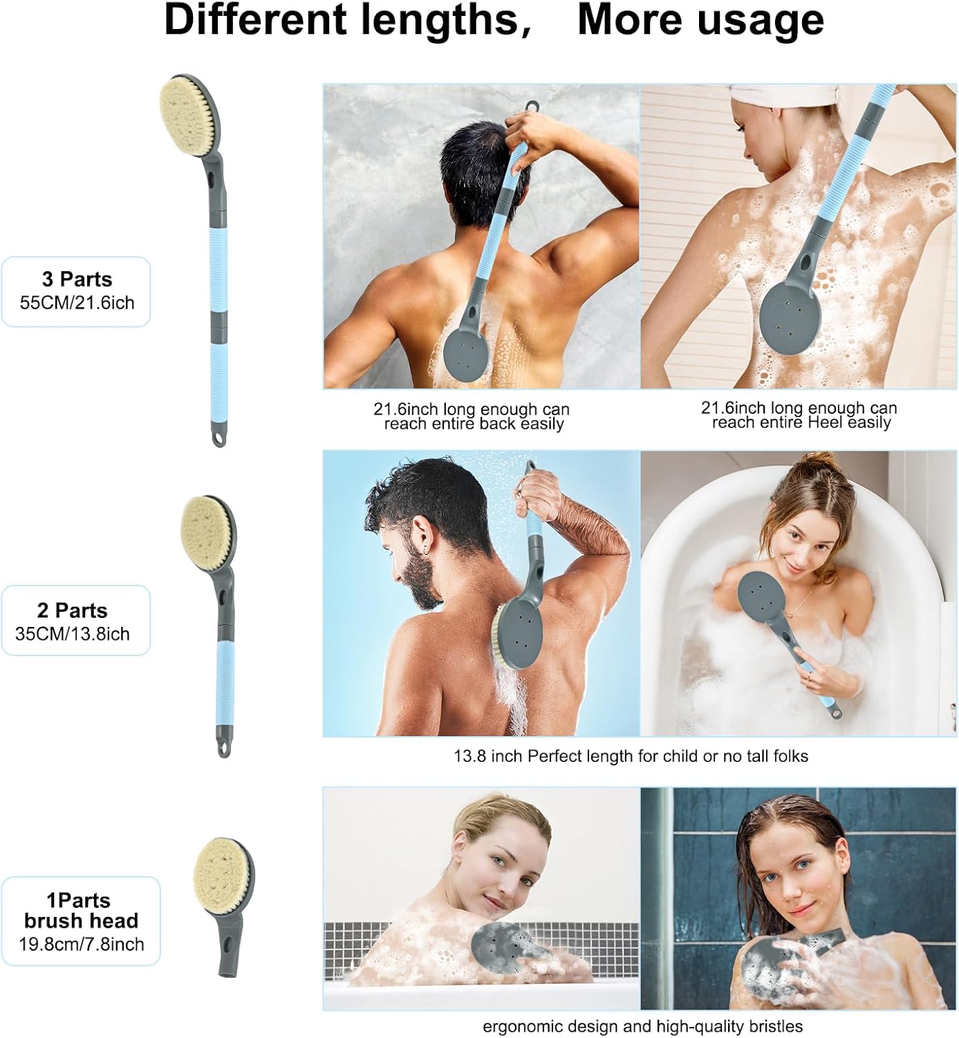 Back Scrubber Anti Slip for Shower, 21.7” Detachable Back Bath Brush for Shower, Back Scrubber, Exfoliation and Improved Skin Health for Elderly with Limited Arm Movement, Disabled (21.7” Grey)