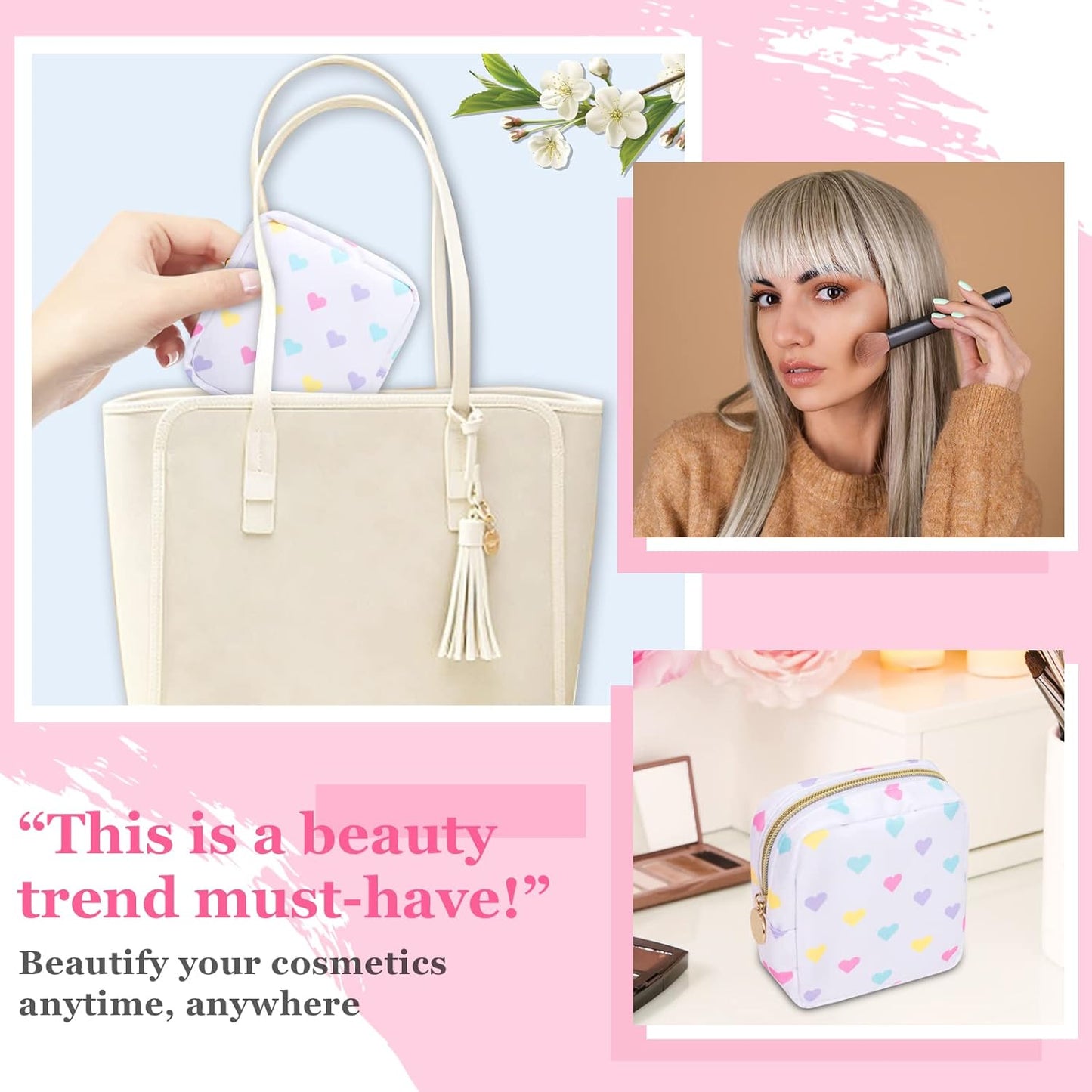 Nylon Mini Preppy Cute Makeup Bag - White Heart: Waterproof Zipper Pouch for Travel, Storage - Small Cosmetic Purse Organizer