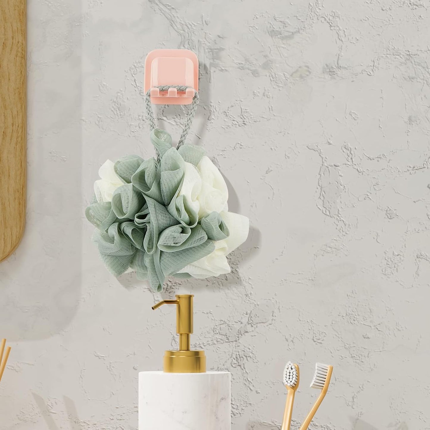 2 PCS Self-Adhesive Toothbrush Holders Wall Mounted, Water Proof Toothbrush Hook, 2 in 1 with Toothbrush Hanger and Gargle Cup Holder for Bathroom Shower (Pink)