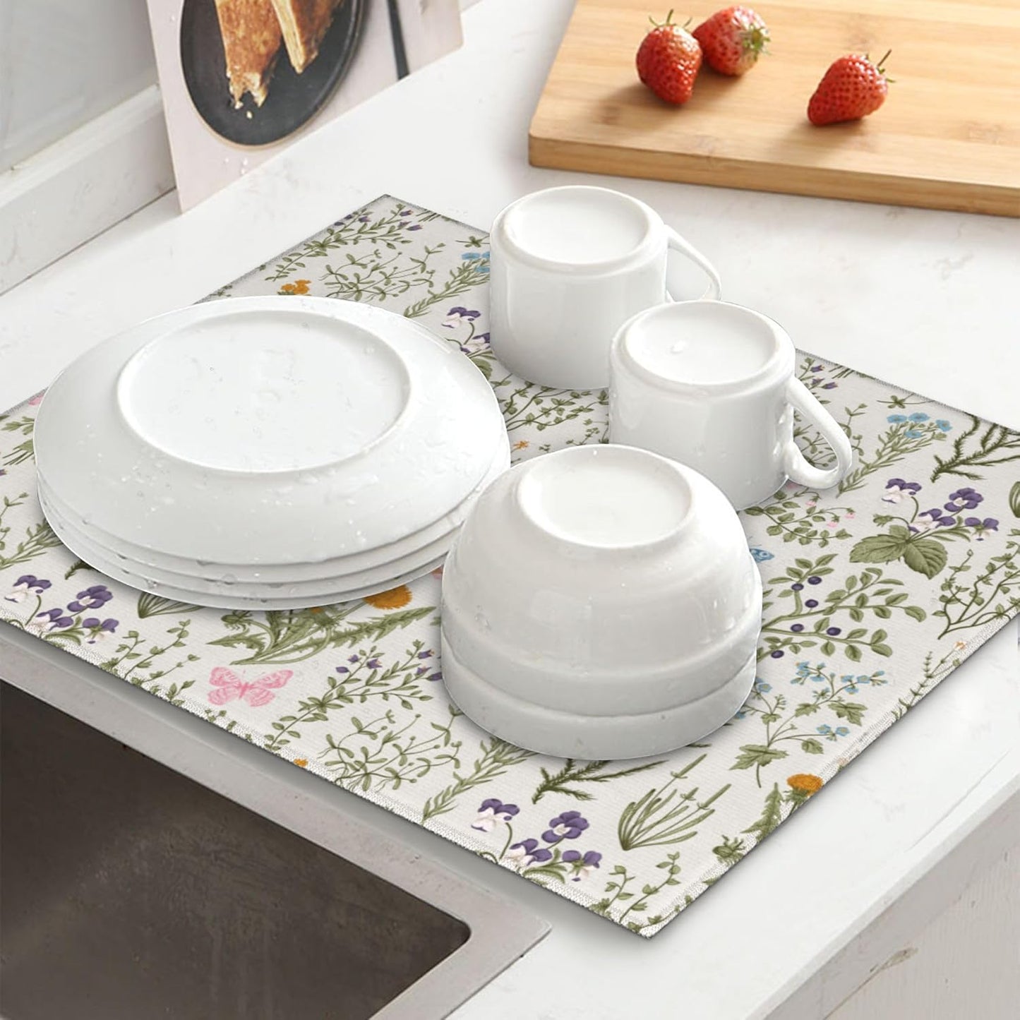 Vintage Floral Kitchen Drying Mat Herbs and Wild Flowers Microfiber Dish Drainer Mat for Kitchen Counter Cute Botanic Spring Summer Drying Pad Absorbent Reusable Washable 16x18 Inch