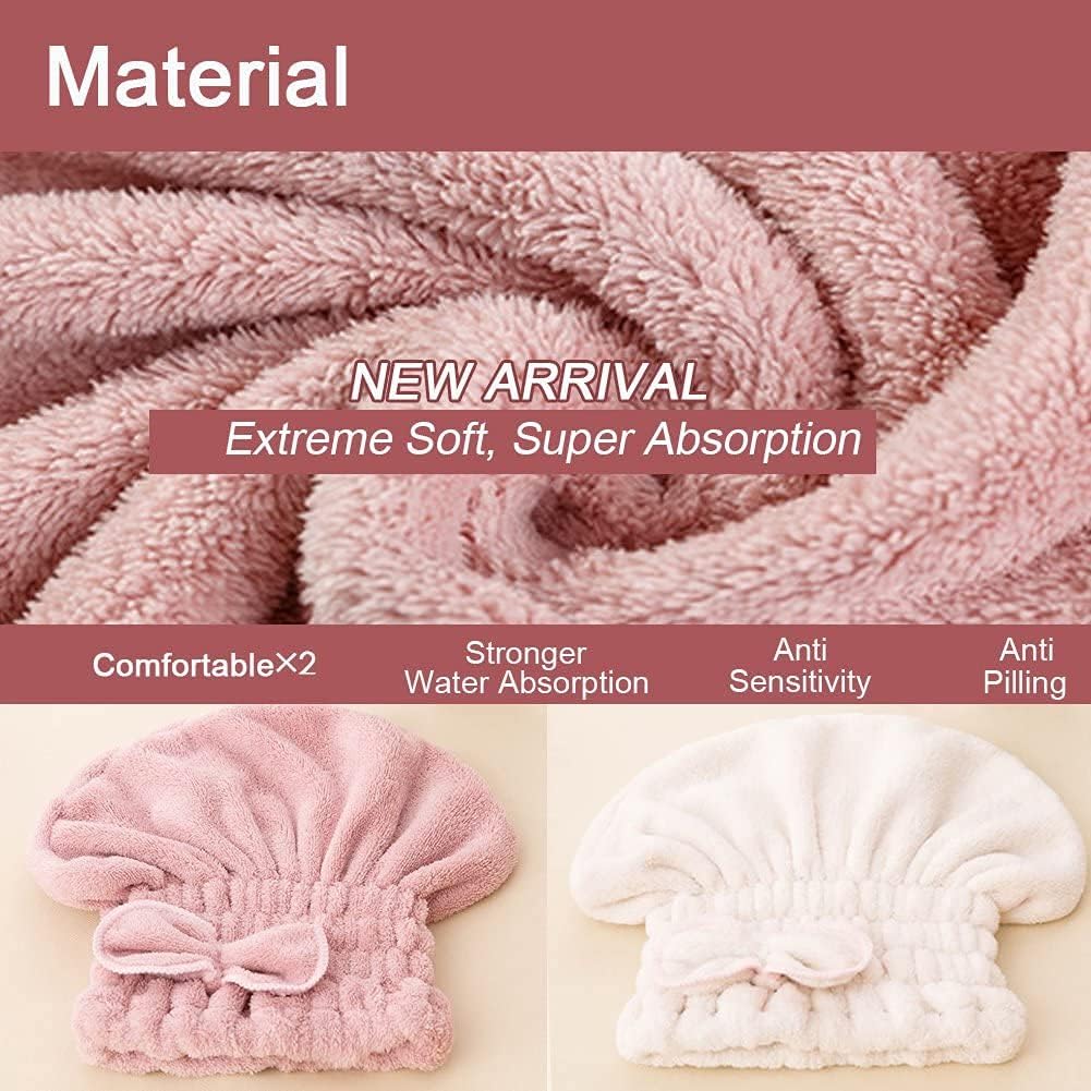 Jseng 2PC Microfiber Hair Drying Caps, Extrame Soft & Ultra Absorbent, Fast Drying Hair Turban Wrap Towels Thick Fluffy Shower Cap for Girls and Women