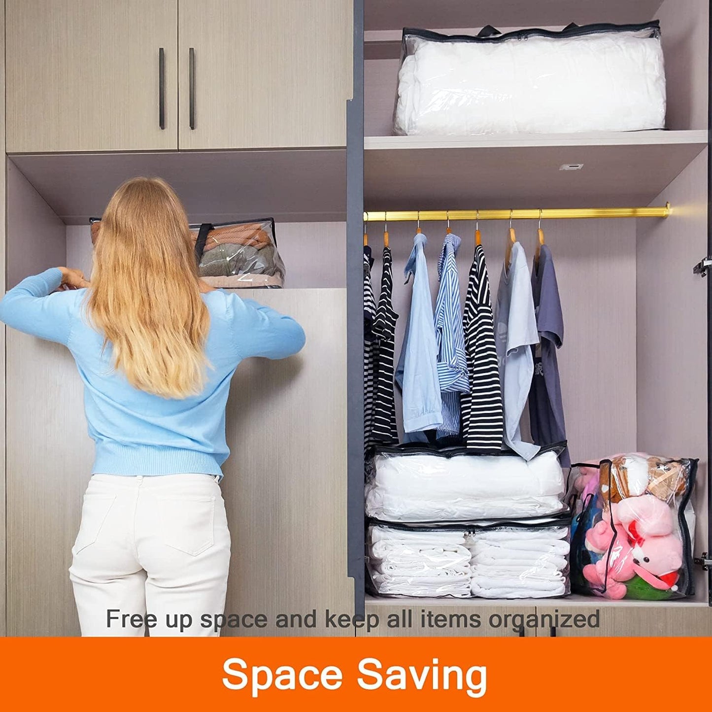 Vieshful 5 Pack Clear Comforter Storage Bag, 110L Over-Sized Clothes Storage Bag with Zipper Closet Organizer, Plastic Storage Containers Moving bags for Comforter, Blanket, Bedding, Duvet, Toys