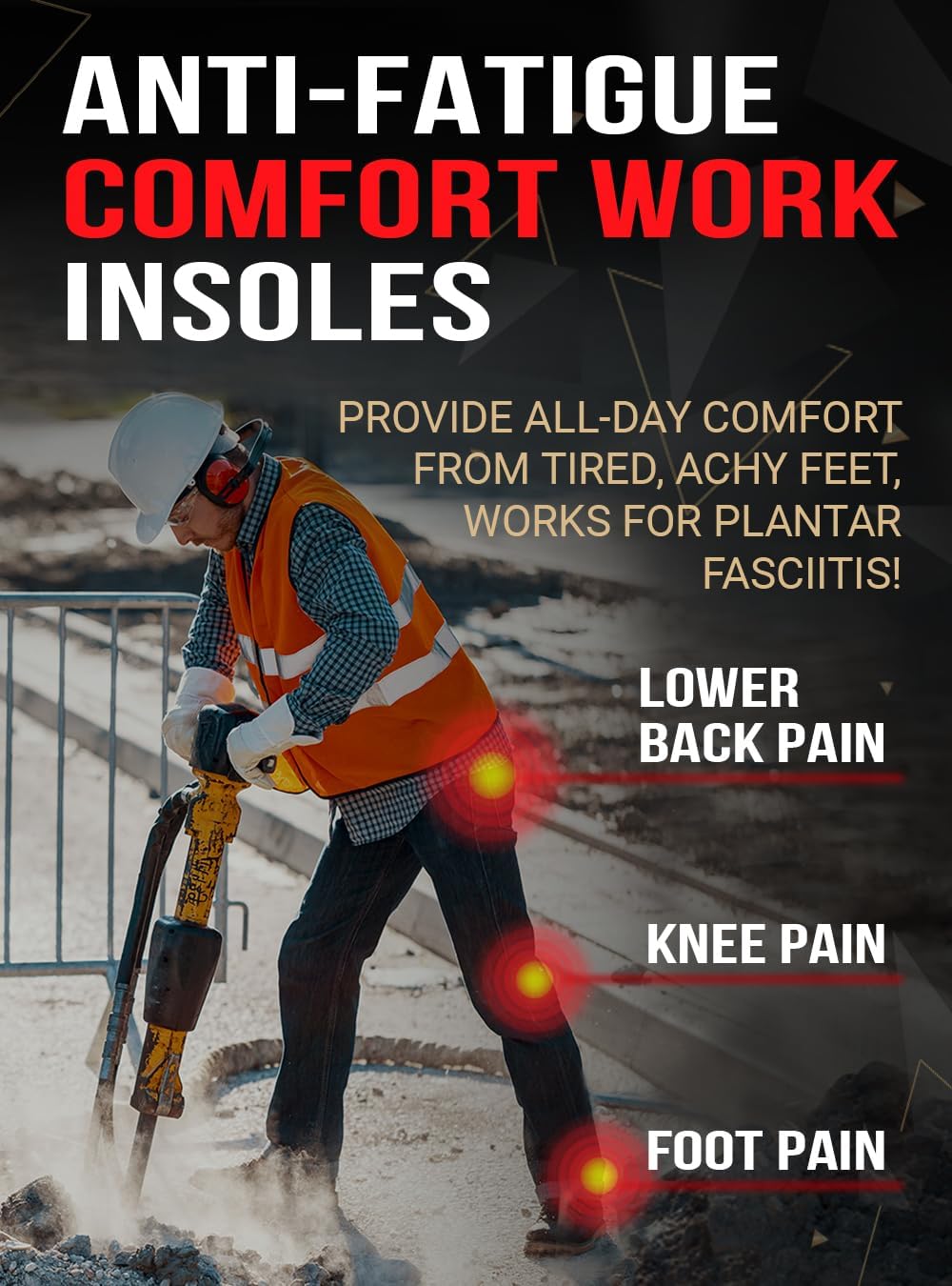 2 Pairs of Work Pro Comfort Insoles - Foot Pain Relief - Cushioning and Shock Absorption - Work Boot Insoles for Men Women - Non-Slip Anti Fatigue Inserts (M, 2-Pairs-Black)