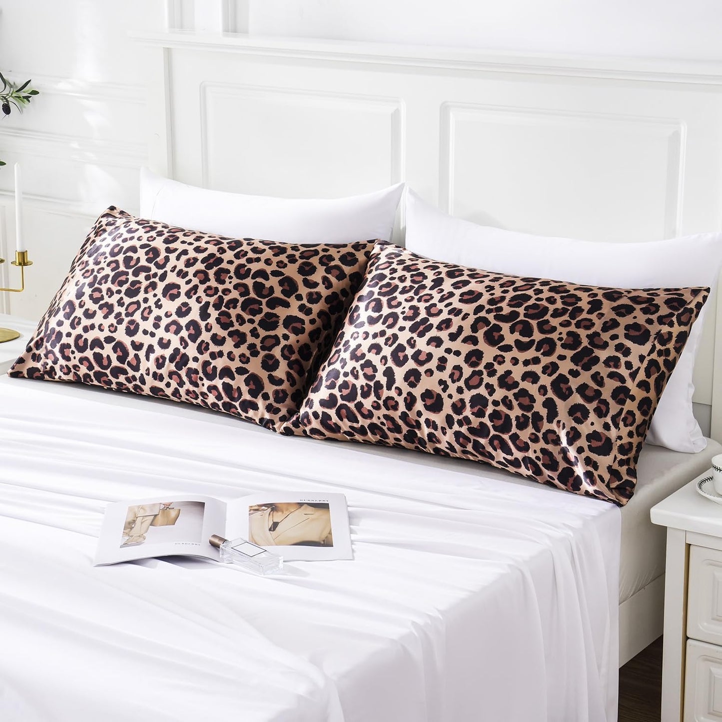 MR&HM Satin Pillowcase for Hair and Skin, Silk Satin Pillowcase 2 Pack, Standard Size Pillow Cases Set of 2, Silky Pillow Cover with Envelope Closure (20x26, Brown Leopard)