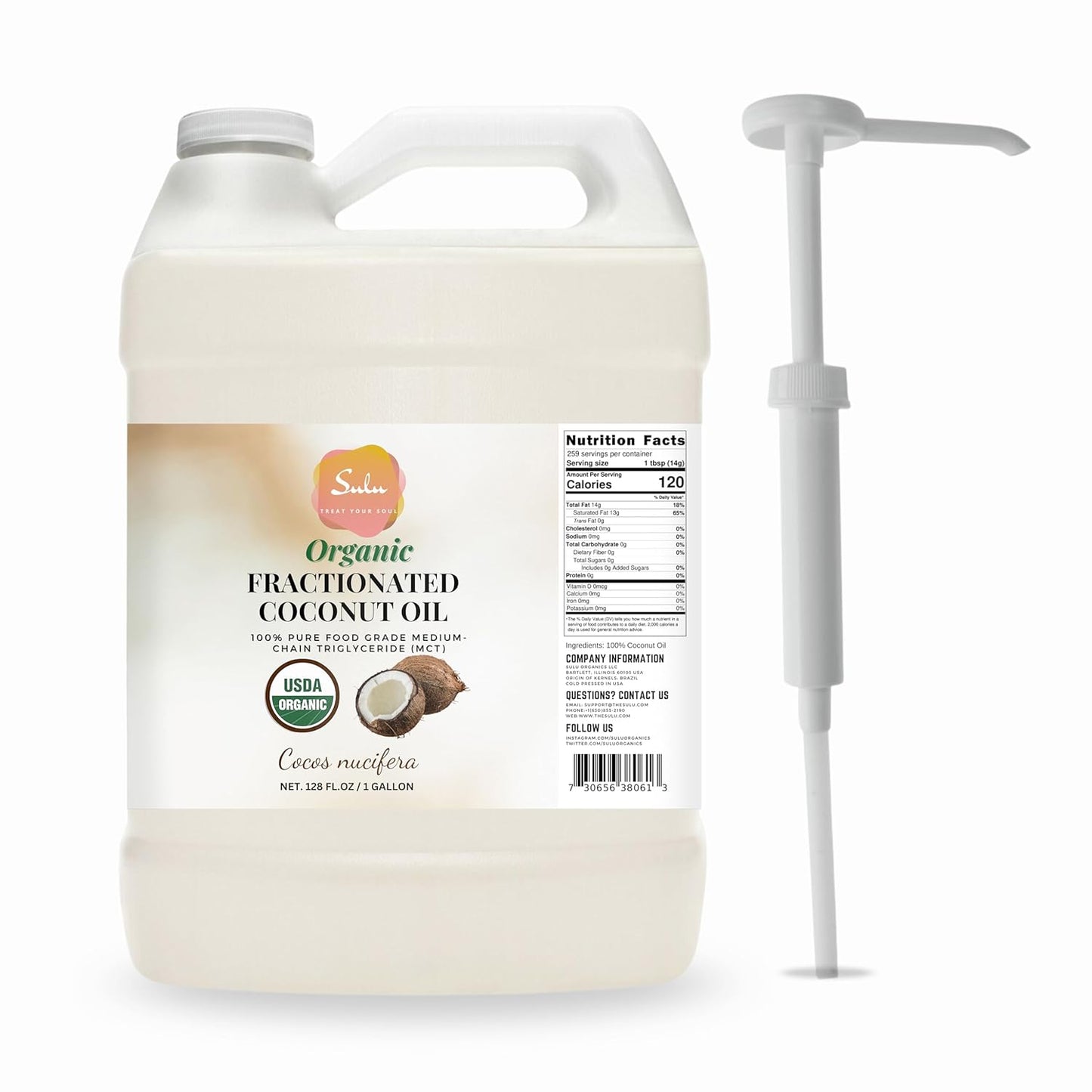 100% Pure Organic Fractionated Coconut Oil MCT-Food Grade-Keto, Paleo, Kosher, Vegan -1 gallon-128 fl.oz