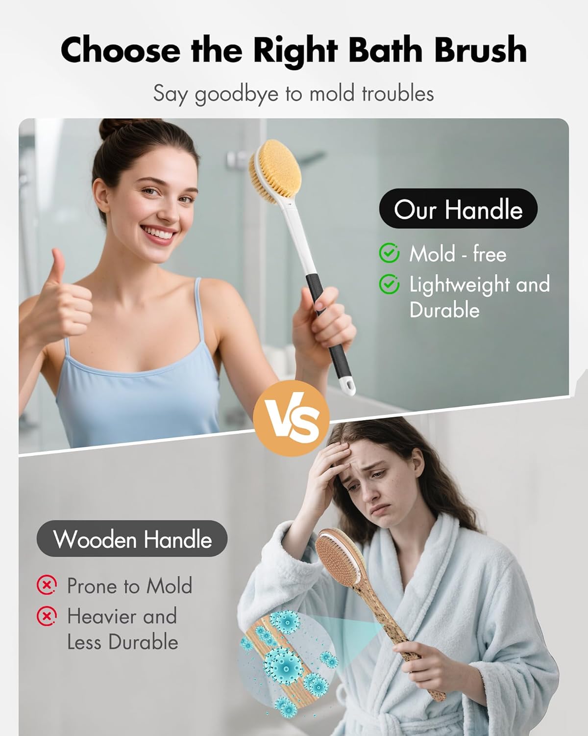 Back Scrubber Anti Slip for Shower: 18.1'' Long Handle Bath Brush with Stiff and Soft Bristles Body Exfoliator Wet or Dry Brushing for Women, Men, Elderly (Charcoal Gray)