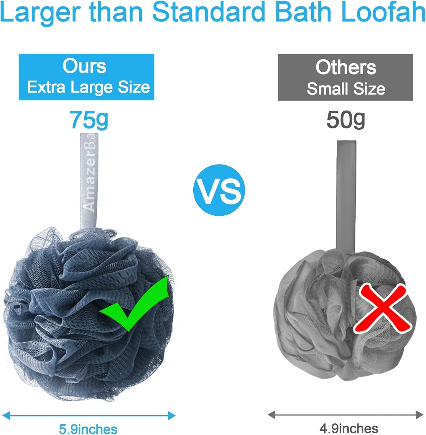 AmazerBath Loofah Sponge 75g/Piece, Exfoliating Bath Sponge Body Scrubber - Loofa Set of 4 Grey Blue-Pink-Grey-White (Large)