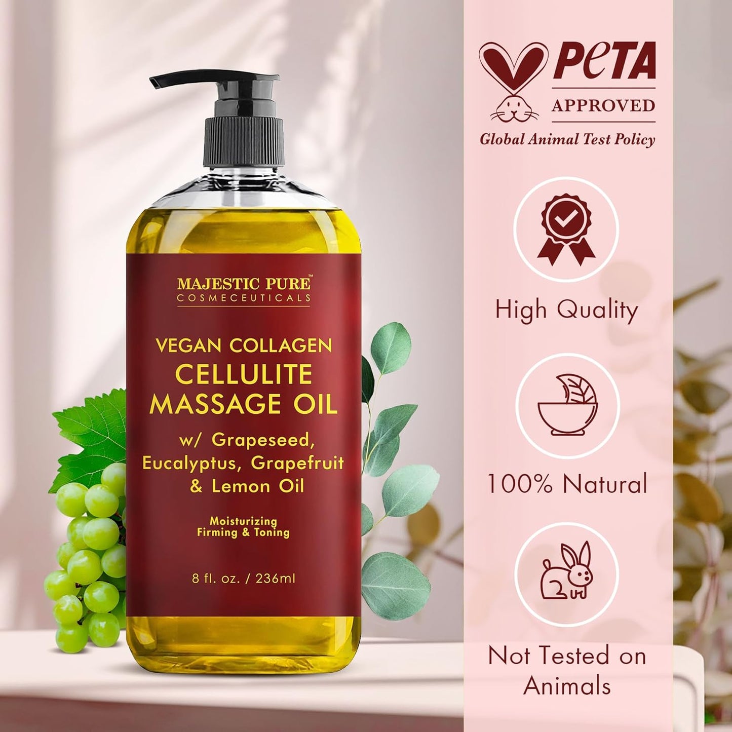 Majestic Pure Anti Cellulite Massage Oil for Massage Therapy - Refreshing, and Relaxing - Natural Oils with Vegan Collagen, Stem Cells & Cellulite Cream - All Skin Types - Men and Women - 8 fl oz