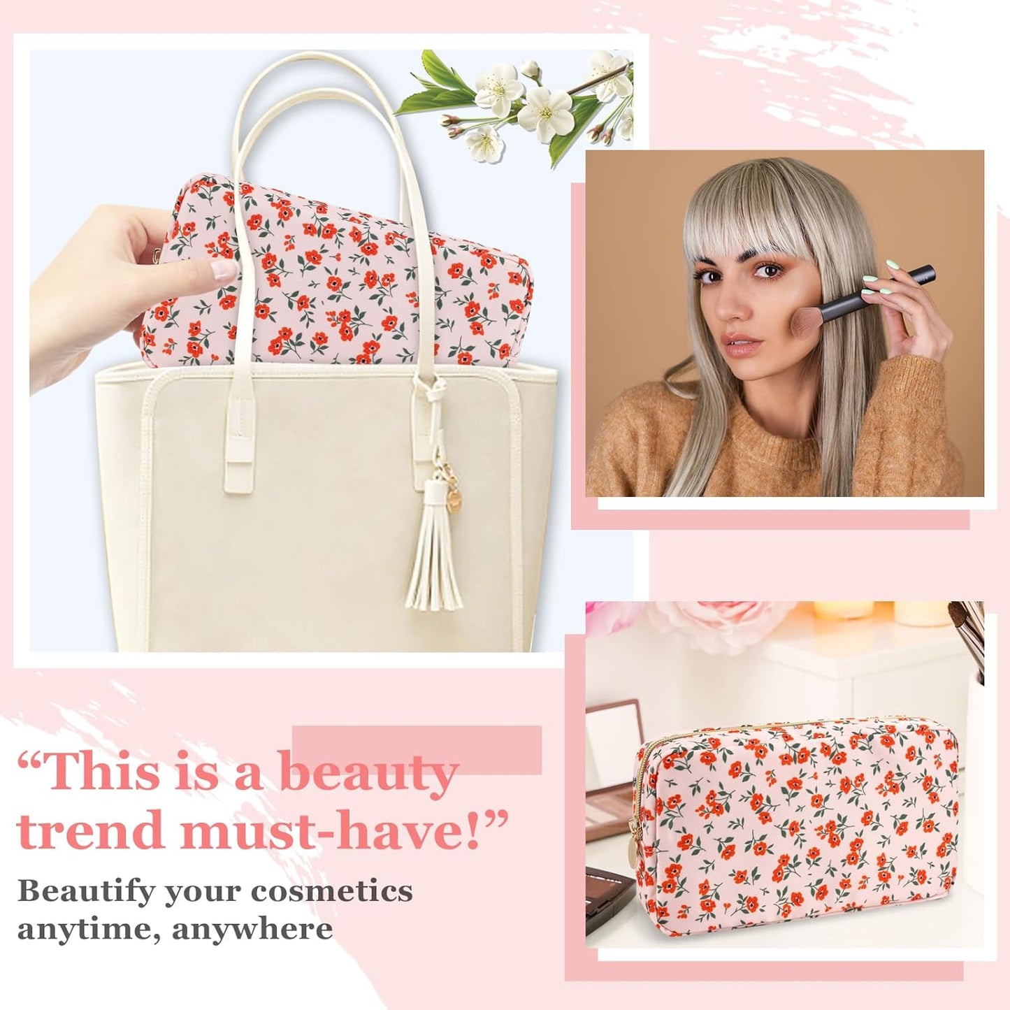 Nylon Small Floral Makeup Bag for Purse, Cute Preppy Pink Makeup Bag Flower Cosmetic Zipper Pouch, Waterproof Portable Travel Toiletry Makeup Brush Bag Organizer Storage for Women Girls(Pink-Floral)