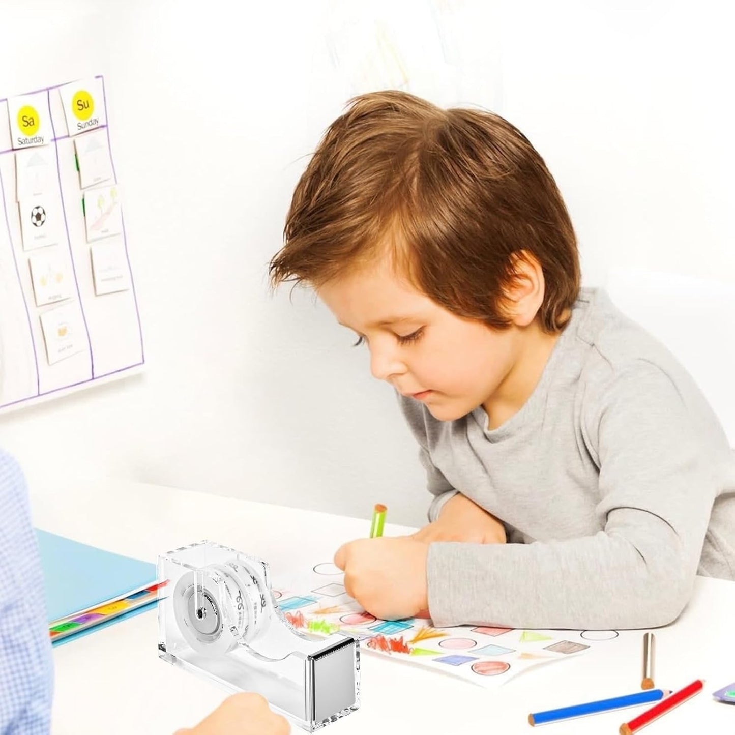 Acrylic Tape Dispenser, Transparent Office Tape Dispenser Desk, Non-Slip Rubber Holder Buttom, Morden Accessory for Stylish Desk at Home, School, Office-Silver