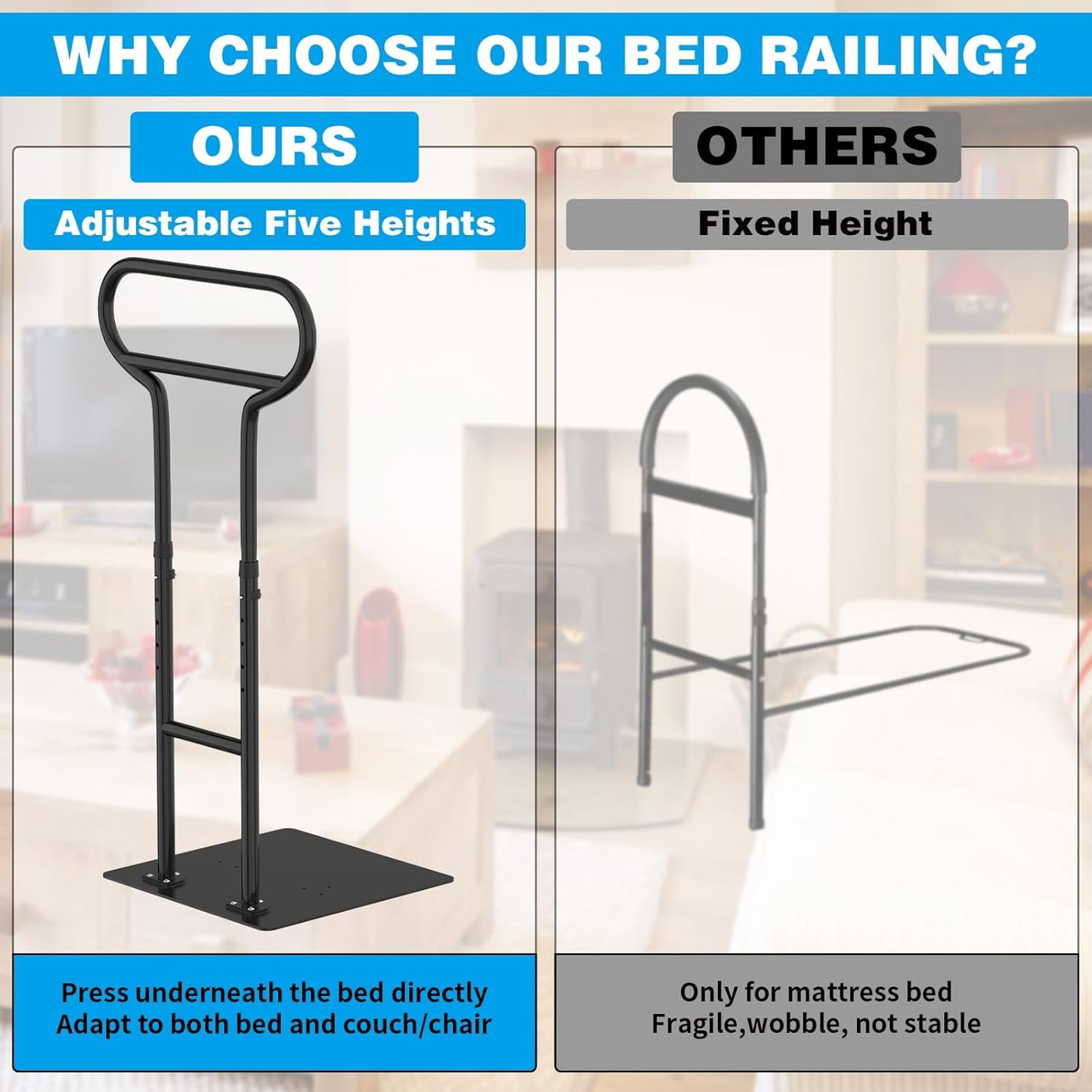 Bed Rails for Elderly Adults Safety, Adjustable Bed Cane for Elderly, Heavy Duty Stand Assist Railing for Seniors, for Couch, Chair, Full, Twin Bed (260LBS Loading, 5 Heights, Black)