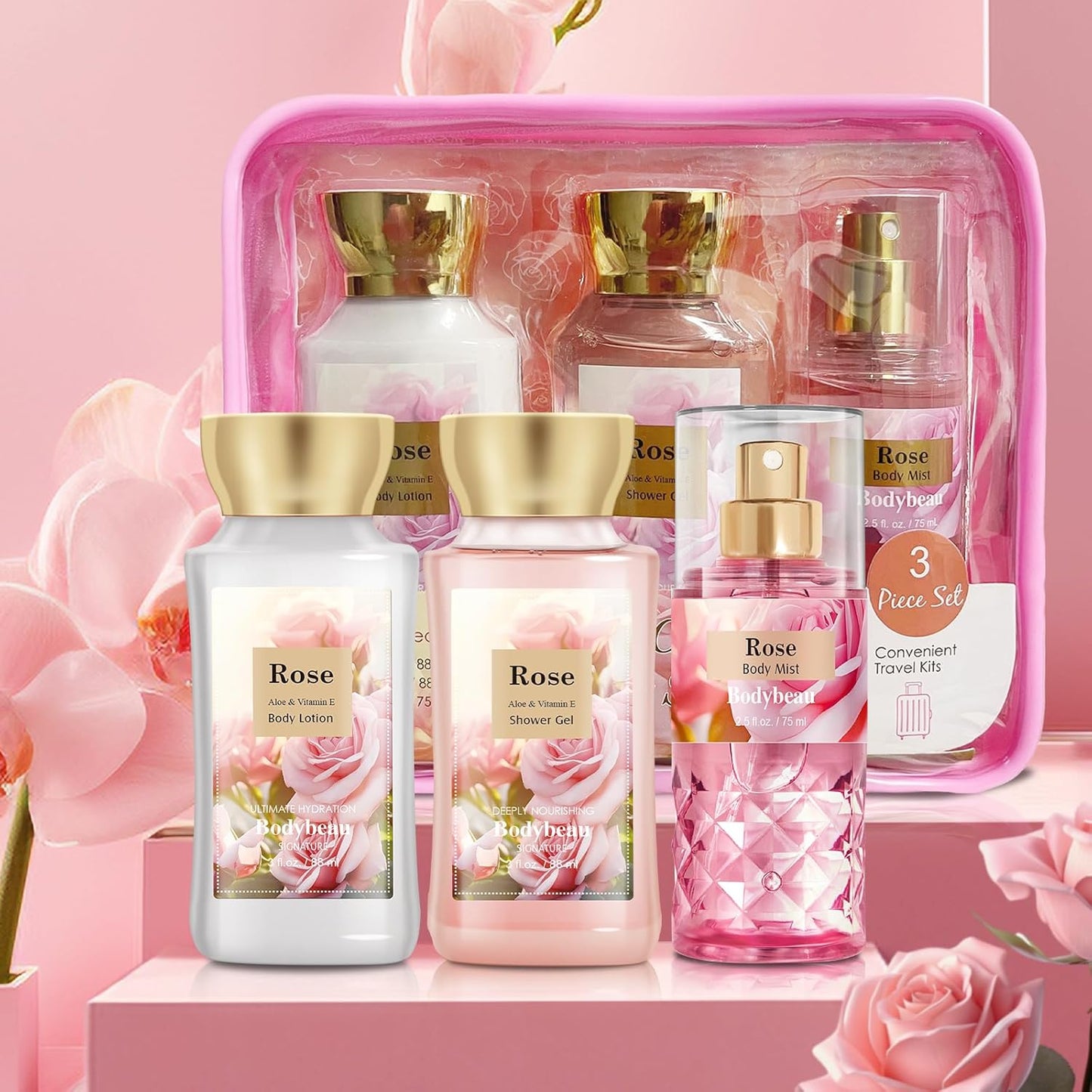 Portable Bath and Body Care Travel Set for Women & Girls, Rose 3PCS Set - Shower Gel, Body Lotion, Body Mist, Personal Body Care Gift Set for Birthday Mother's Valentine's Day Gifts for Her