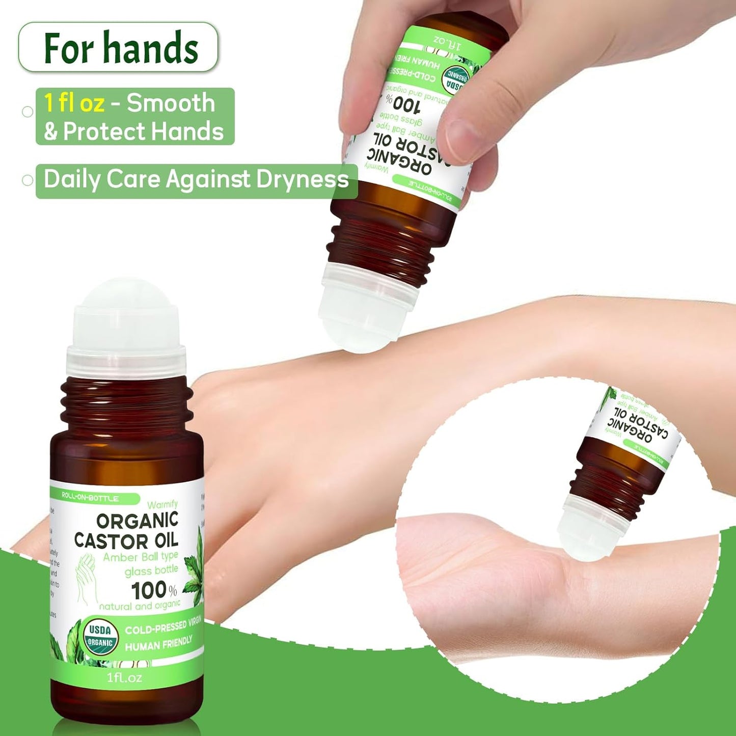 6-in-1 Castor Oil Roll on for Eye,Face,Hand,Feet,Body Skin,Certified Organic Cold Pressed Castor Oil Roller ball unrefined Glass Bottle - Total 5.58 fl.oz
