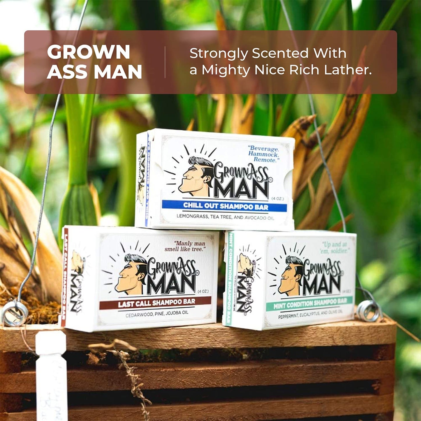 Grown Ass Man Co. - Solid Shampoo Bar Rich Lather 3 in 1: Hair, Beard & Body Wash - Plastic Free & Eco-Friendly, Natural & Organic Clean for All Hair Types, 4oz Bar (Last Call, 3-Pack)