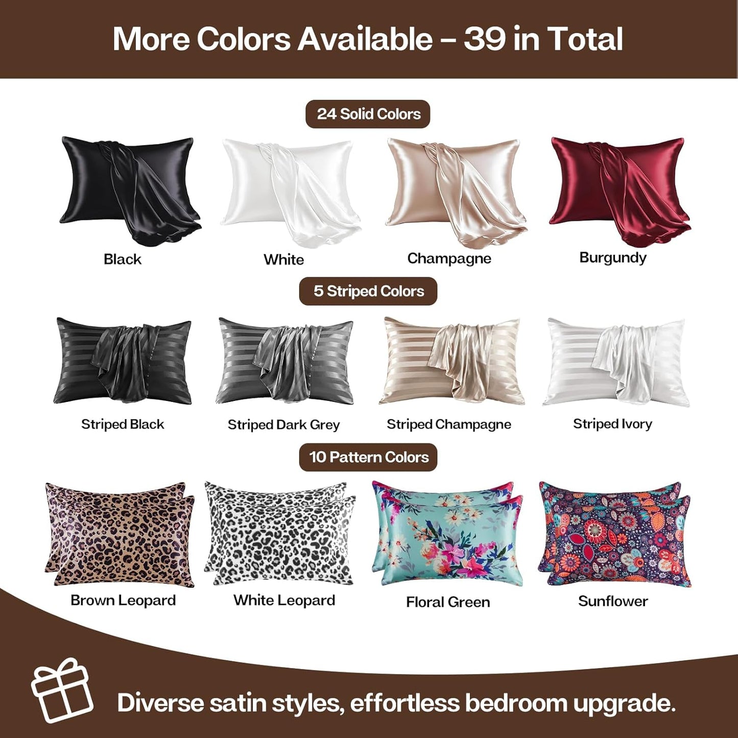 MR&HM Satin Pillowcase for Hair and Skin, Silk Satin Pillowcase 2 Pack, Standard Size Pillow Cases Set of 2, Silky Pillow Cover with Envelope Closure (20x26, Brown)