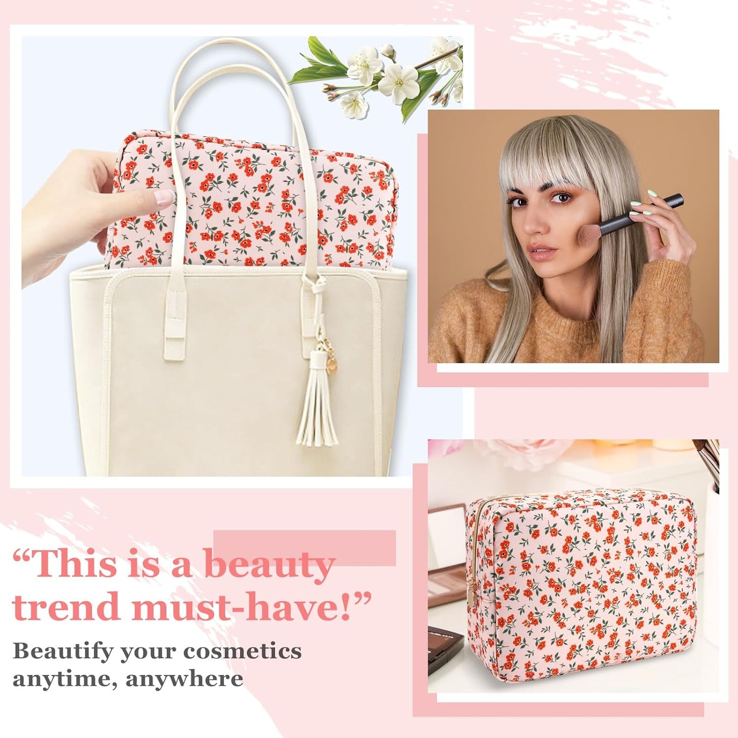 Nylon Large Floral Makeup Organizer Bag, Preppy Big Cute Flower Cosmetic Zipper Pouch Multi-compartment with Dividers, Waterproof Toiletry Make Up Brushes Bag Travel Essentials for Women(Pink-Floral)