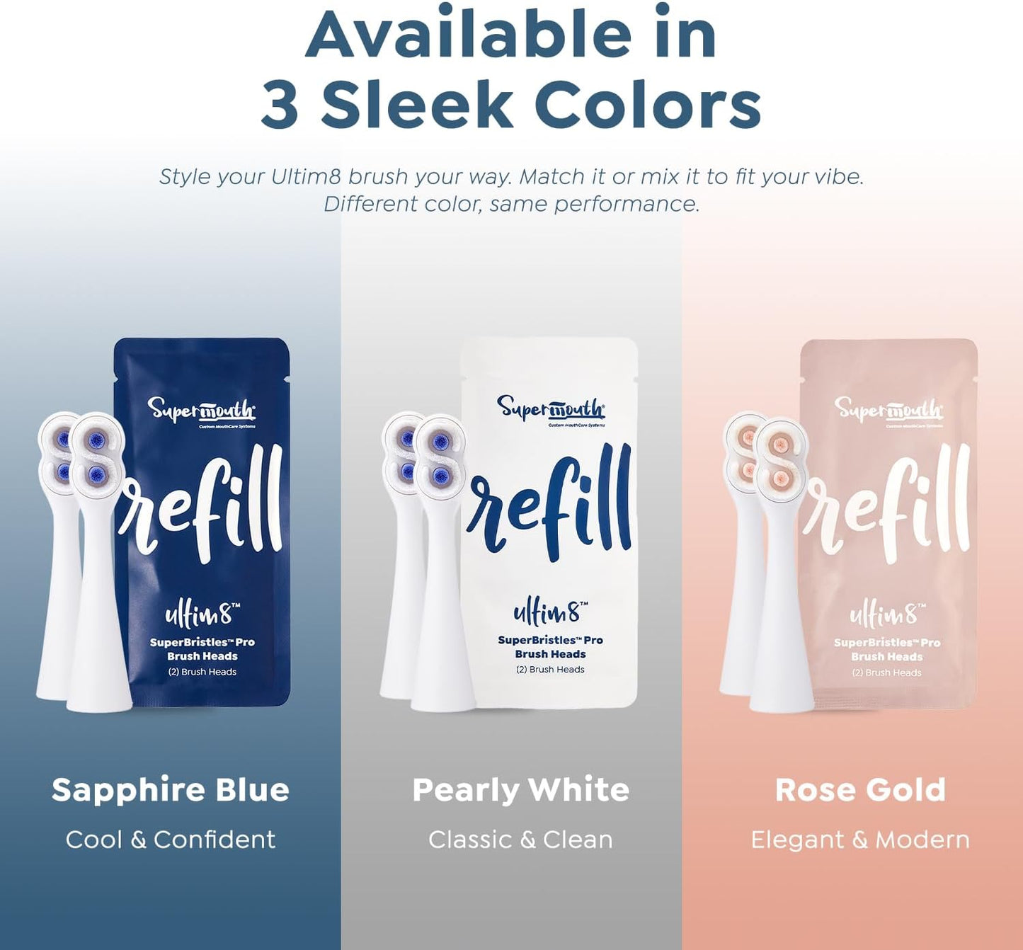 SuperMouth® SuperBristles® Pro Replacement Brush Heads for Ultim8 SmartBrush – Ultra-Soft Bristles Remove 40X More Plaque, 3X Denser, Advanced Sonic Cleaning, Dual Modes, 3 Color Options