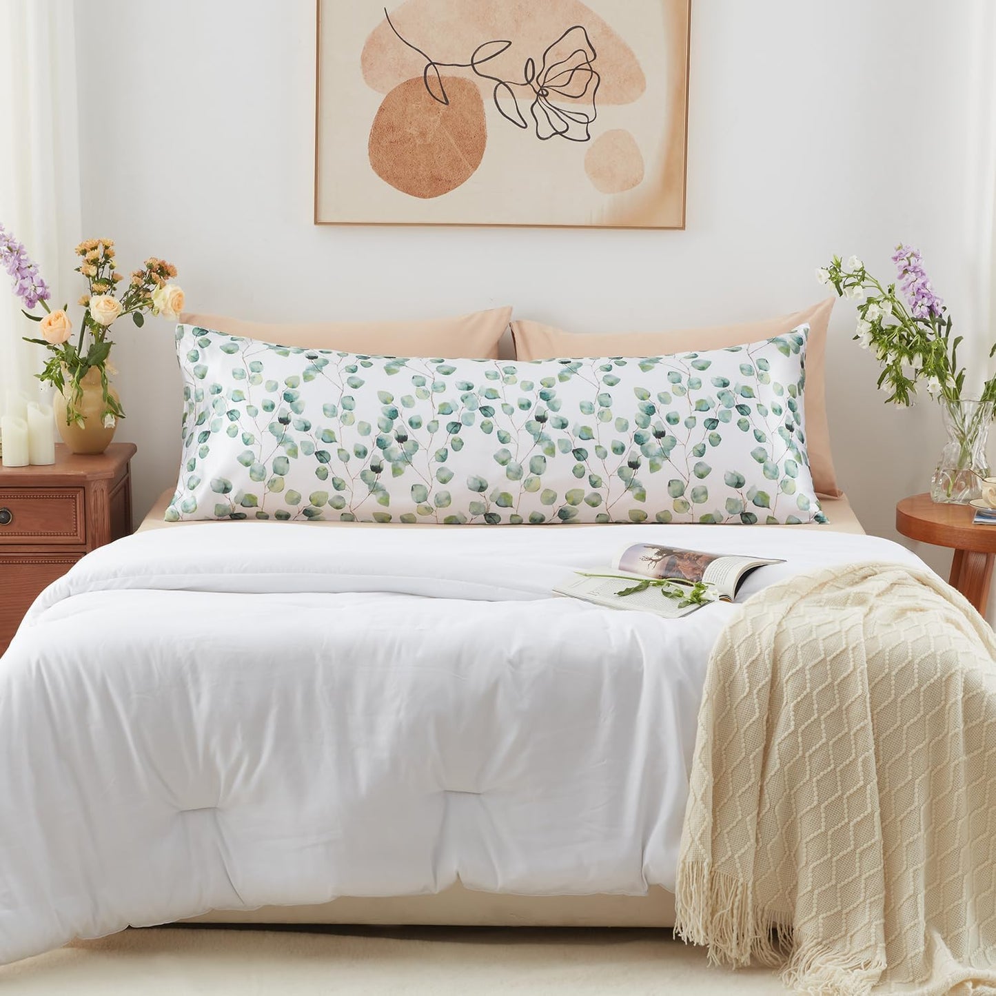 EXQ Home Satin Body Pillow Pillowcase Super Soft Silk Pillowcase, Body Pillow Cover with Envelope Closure Ink Leaf (20"x54")