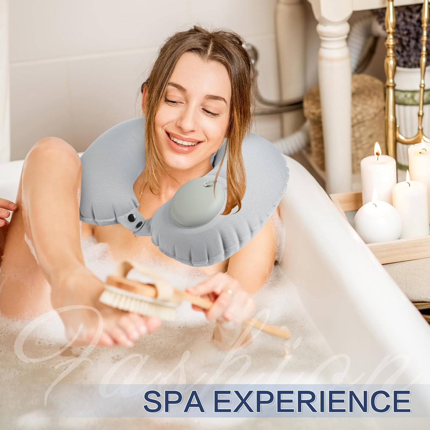 2 Pcs Inflatable Bath Pillows for Tub Bath Head and Neck U Shaped Blow up Full Body Travel Pillow with Adjustable Button Grey and Black Bath Tub Pillows for Airplanes Shower Spa